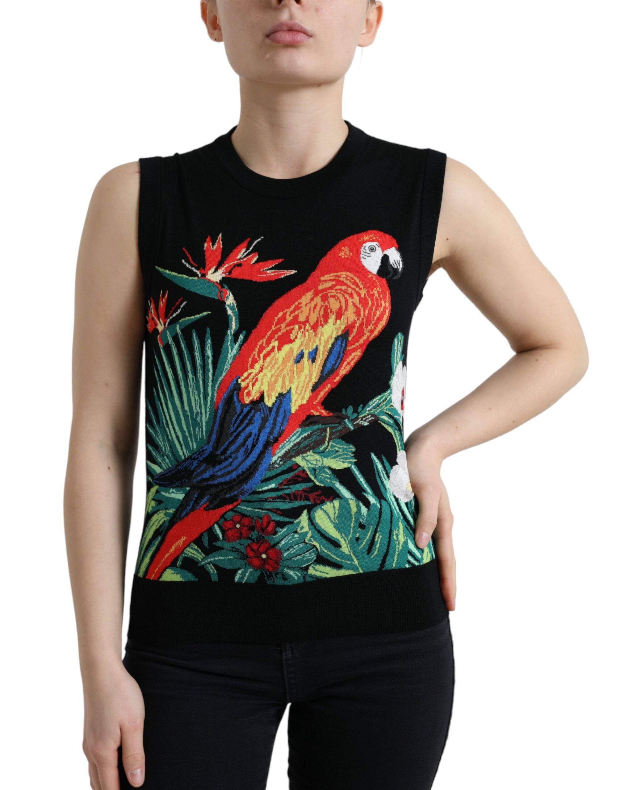 Dolce & Gabbana Elegant Crew Neck Wool Silk Tank with Bird Embroidery - ACCEXO