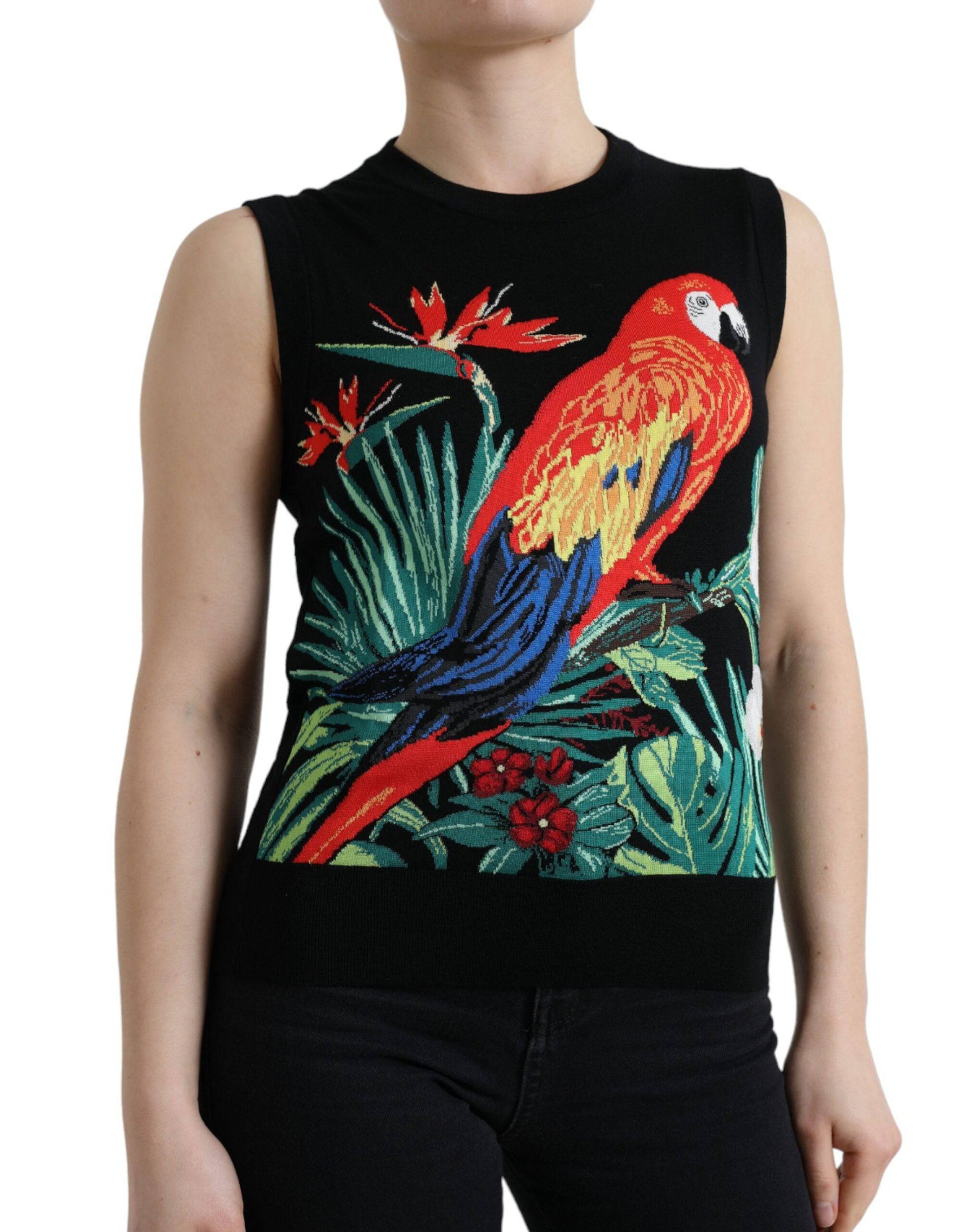 Dolce & Gabbana Elegant Crew Neck Wool Silk Tank with Bird Embroidery - ACCEXO