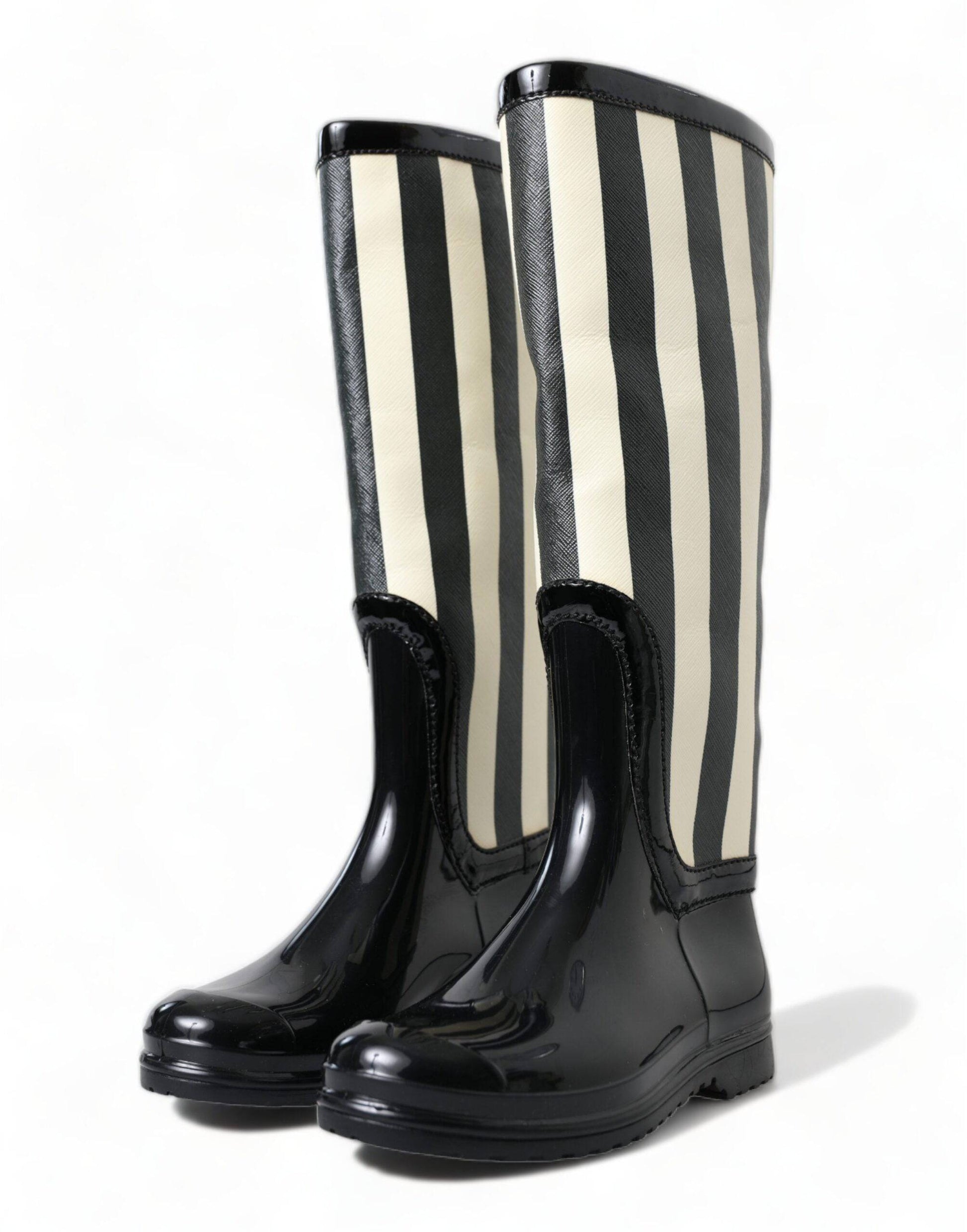 Dolce & Gabbana Black and White Striped Knee High Boots - ACCEXO