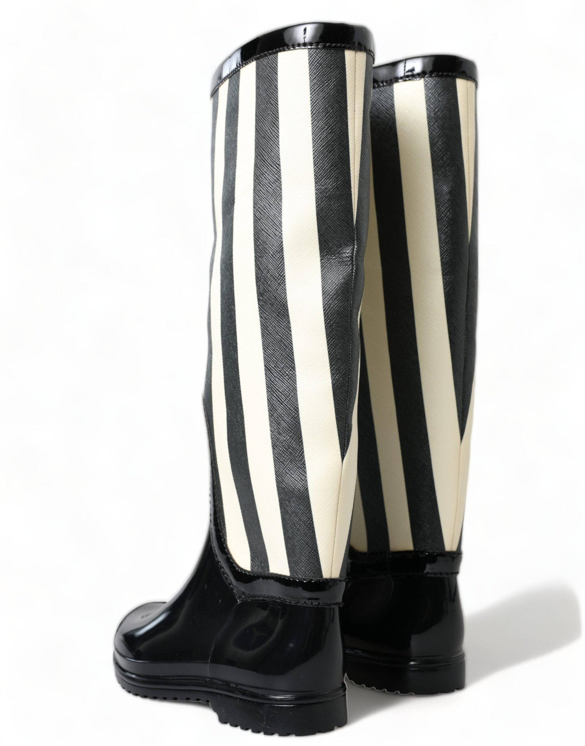 Dolce & Gabbana Black and White Striped Knee High Boots - ACCEXO
