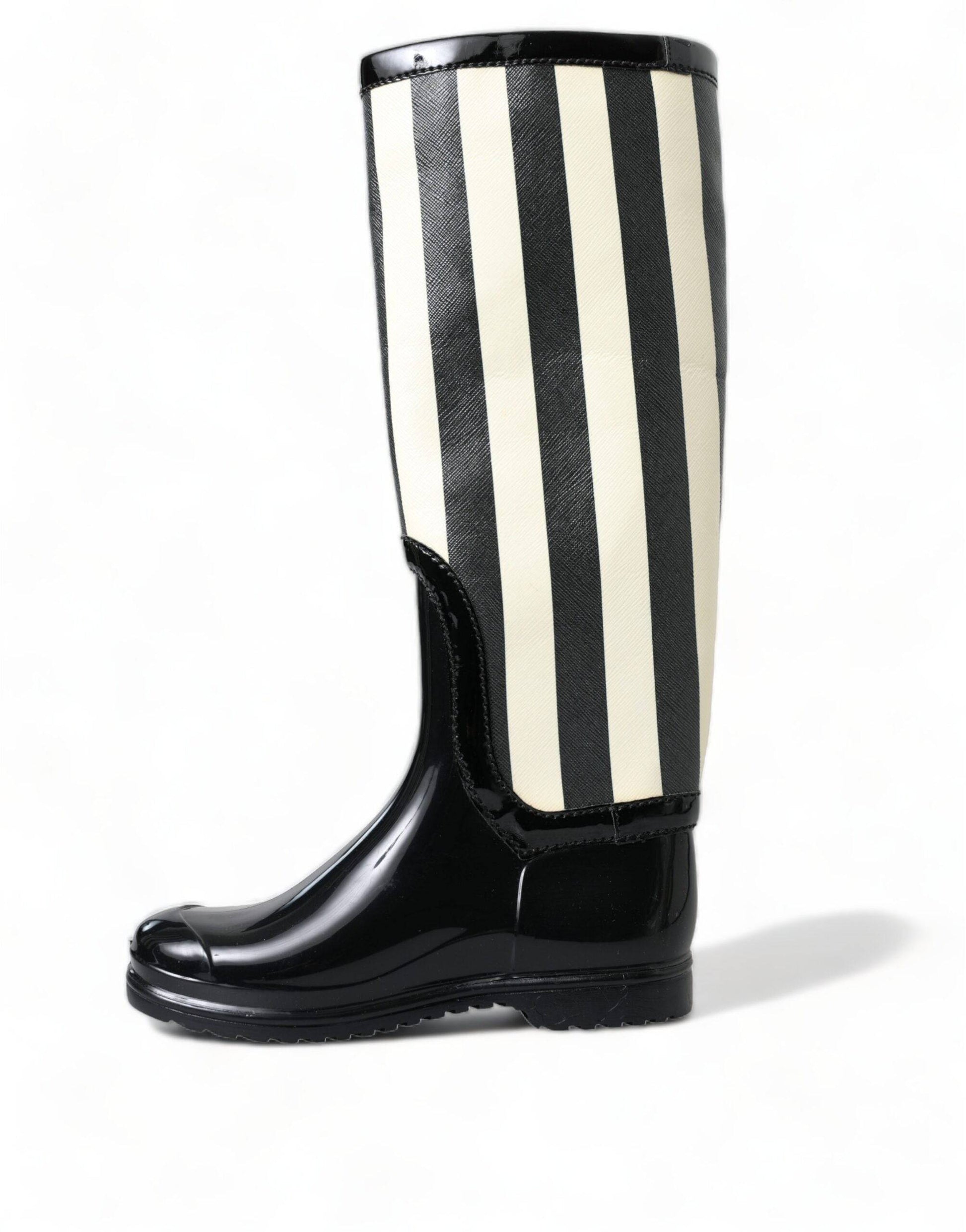 Dolce & Gabbana Black and White Striped Knee High Boots - ACCEXO