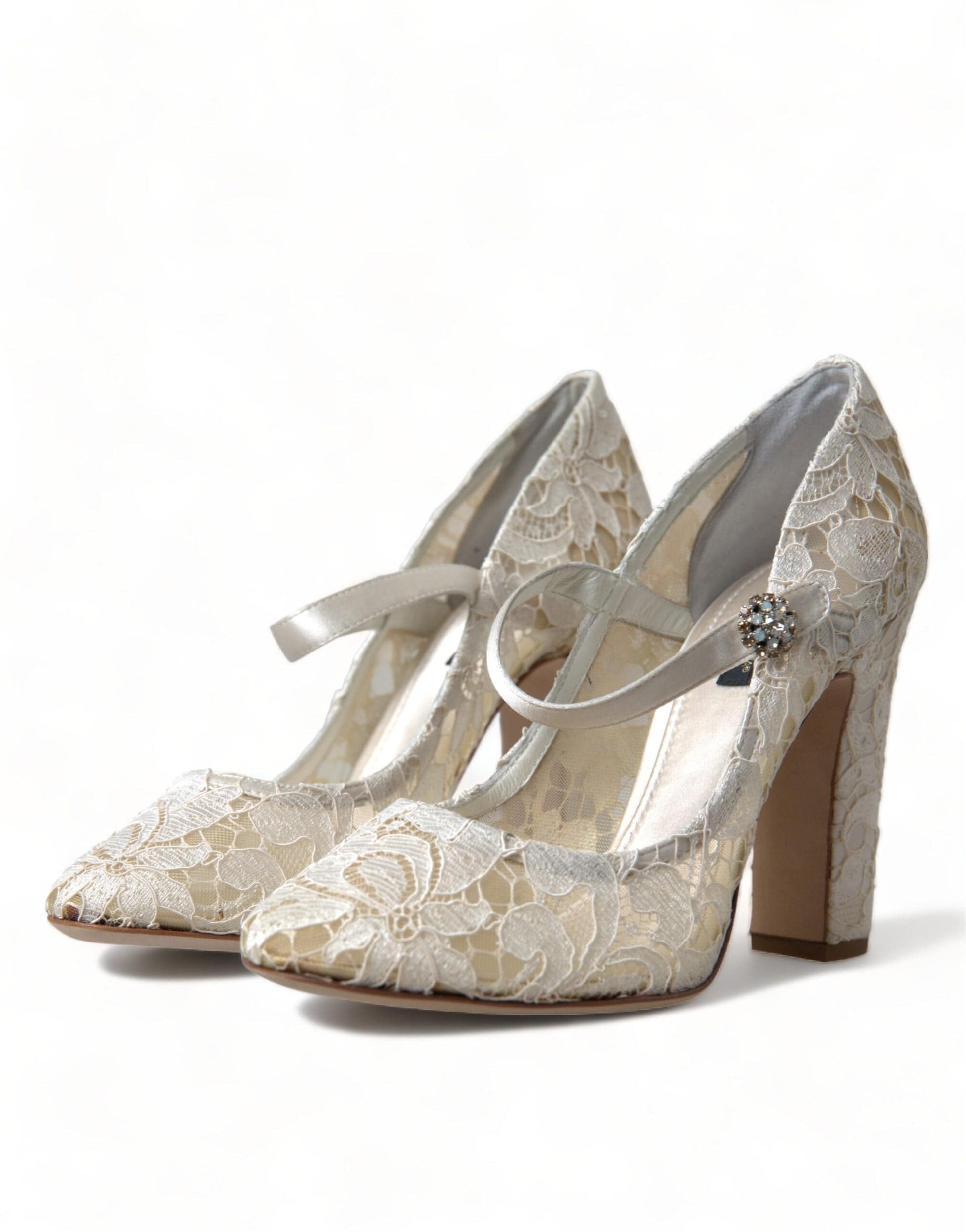 Dolce & Gabbana Chic Lace Block Heels Sandals in Cream White - ACCEXO