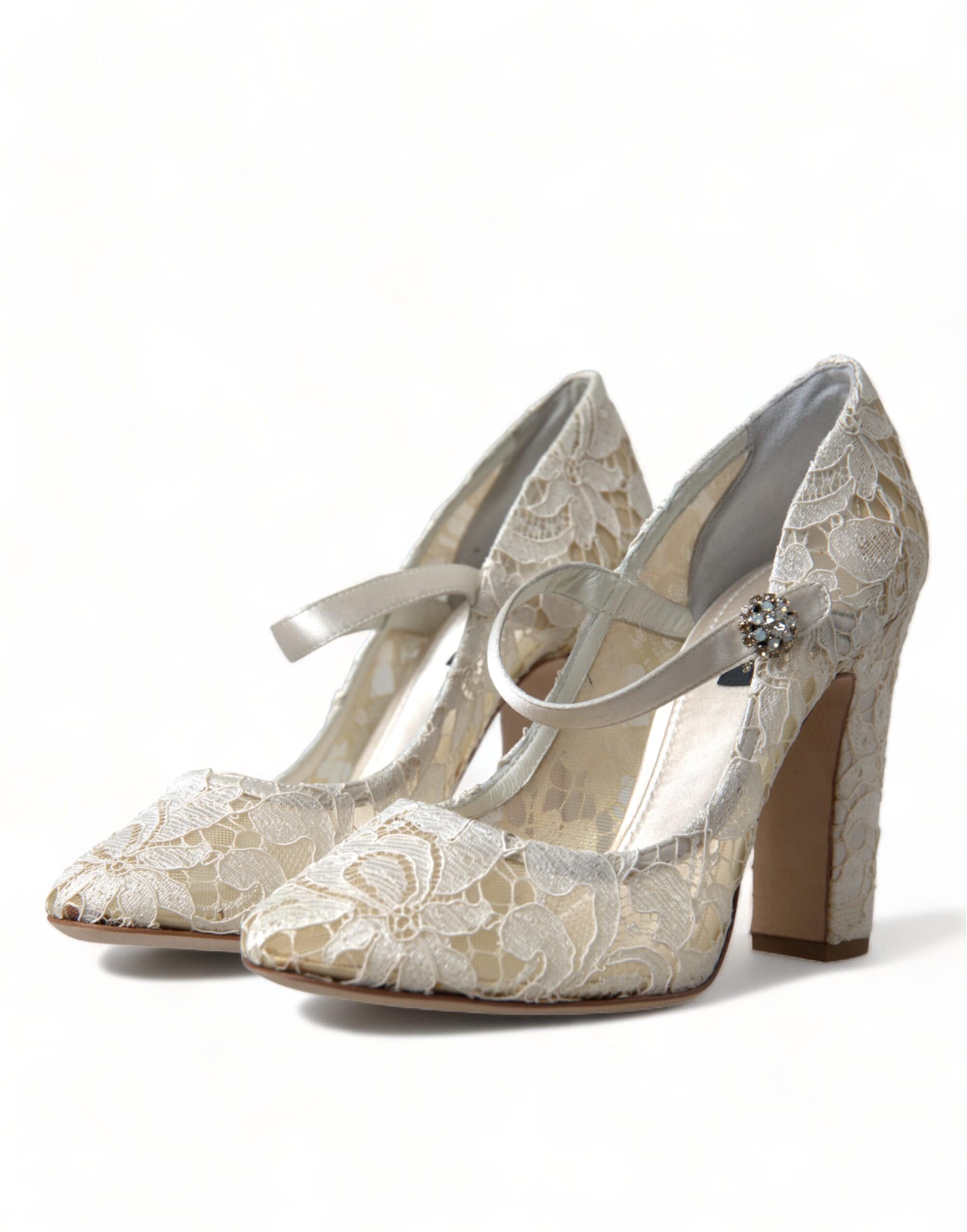 Dolce & Gabbana Chic Lace Block Heels Sandals in Cream White - ACCEXO