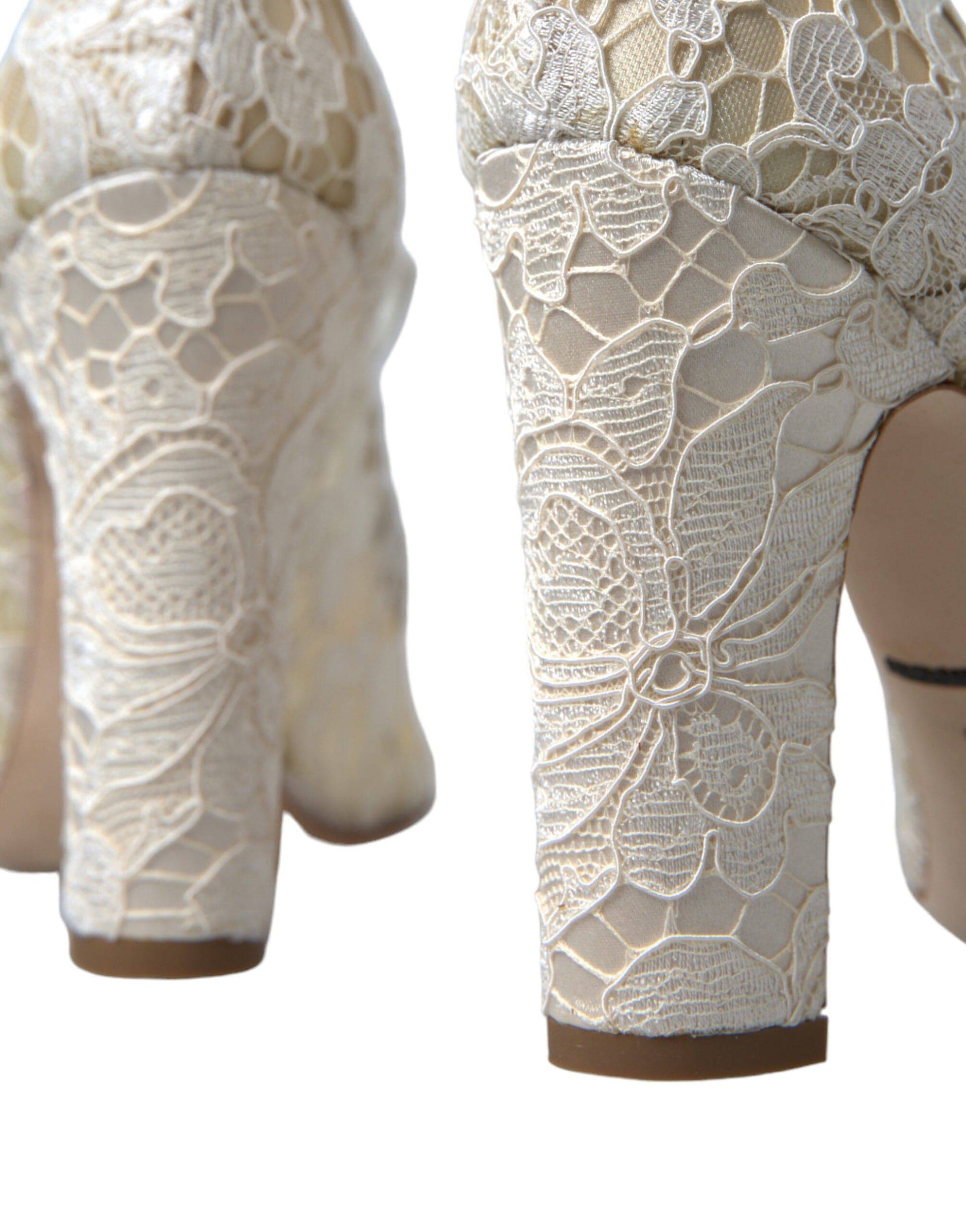 Dolce & Gabbana Chic Lace Block Heels Sandals in Cream White - ACCEXO