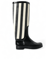 Dolce & Gabbana Black and White Striped Knee High Boots - ACCEXO
