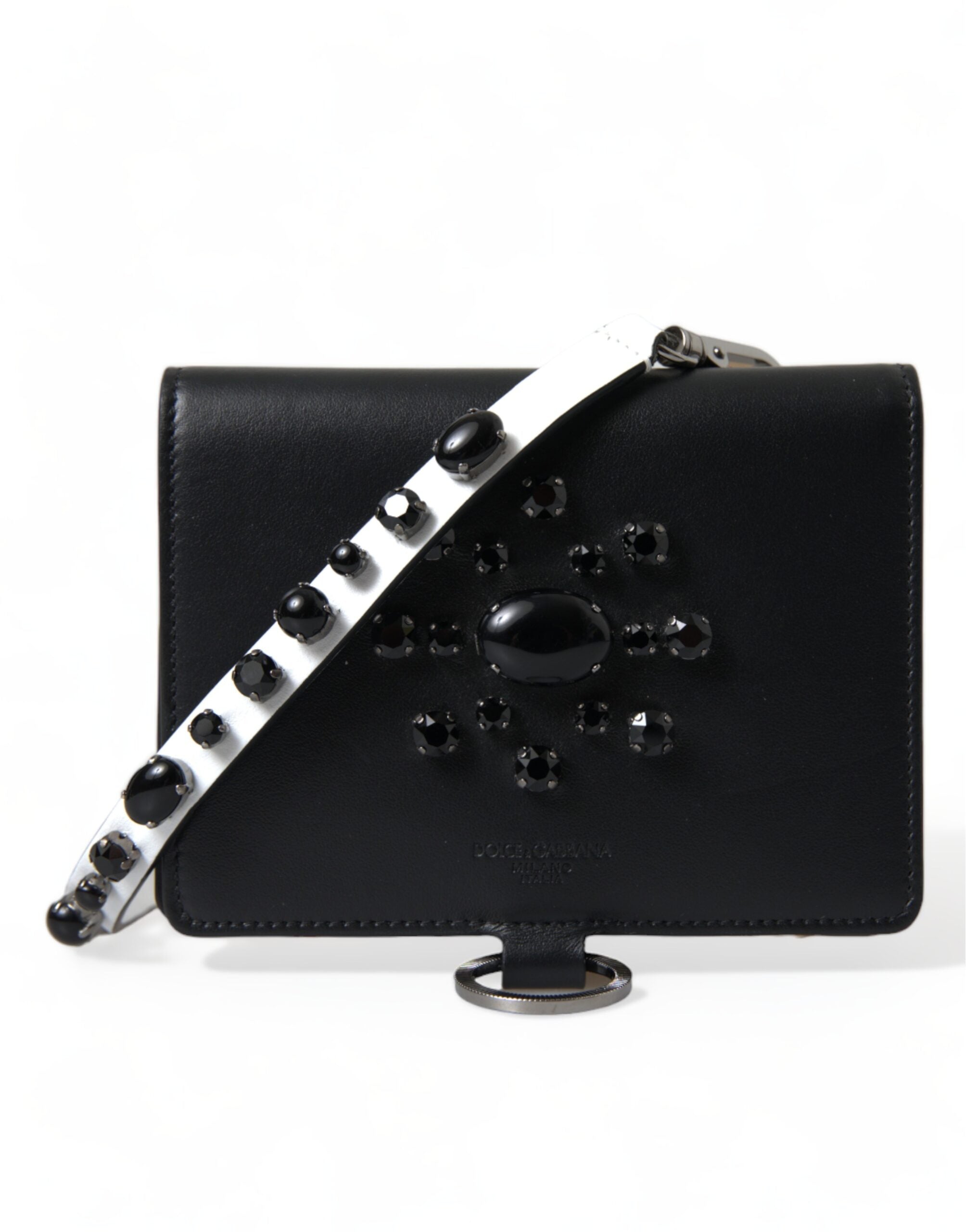 Dolce & Gabbana Elegant Black Leather Crystal Card Holder Wallet - ACCEXO