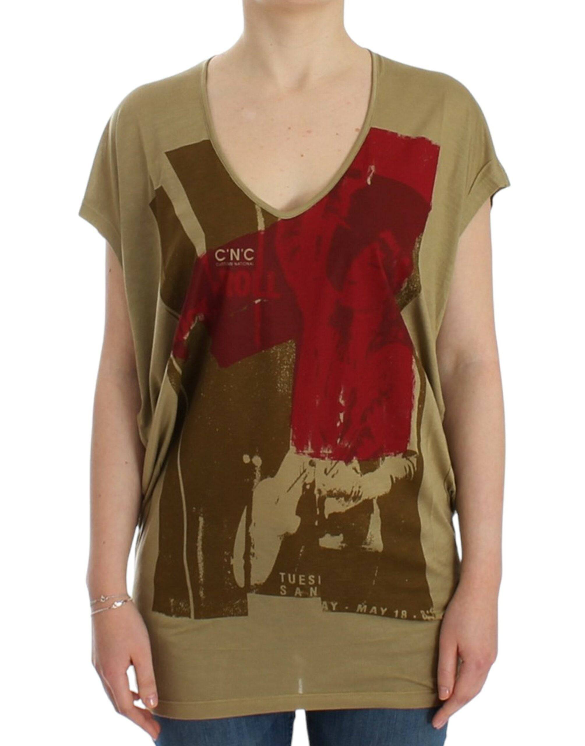 Costume National Chic Green Multicolor Print V-Neck Tee - ACCEXO