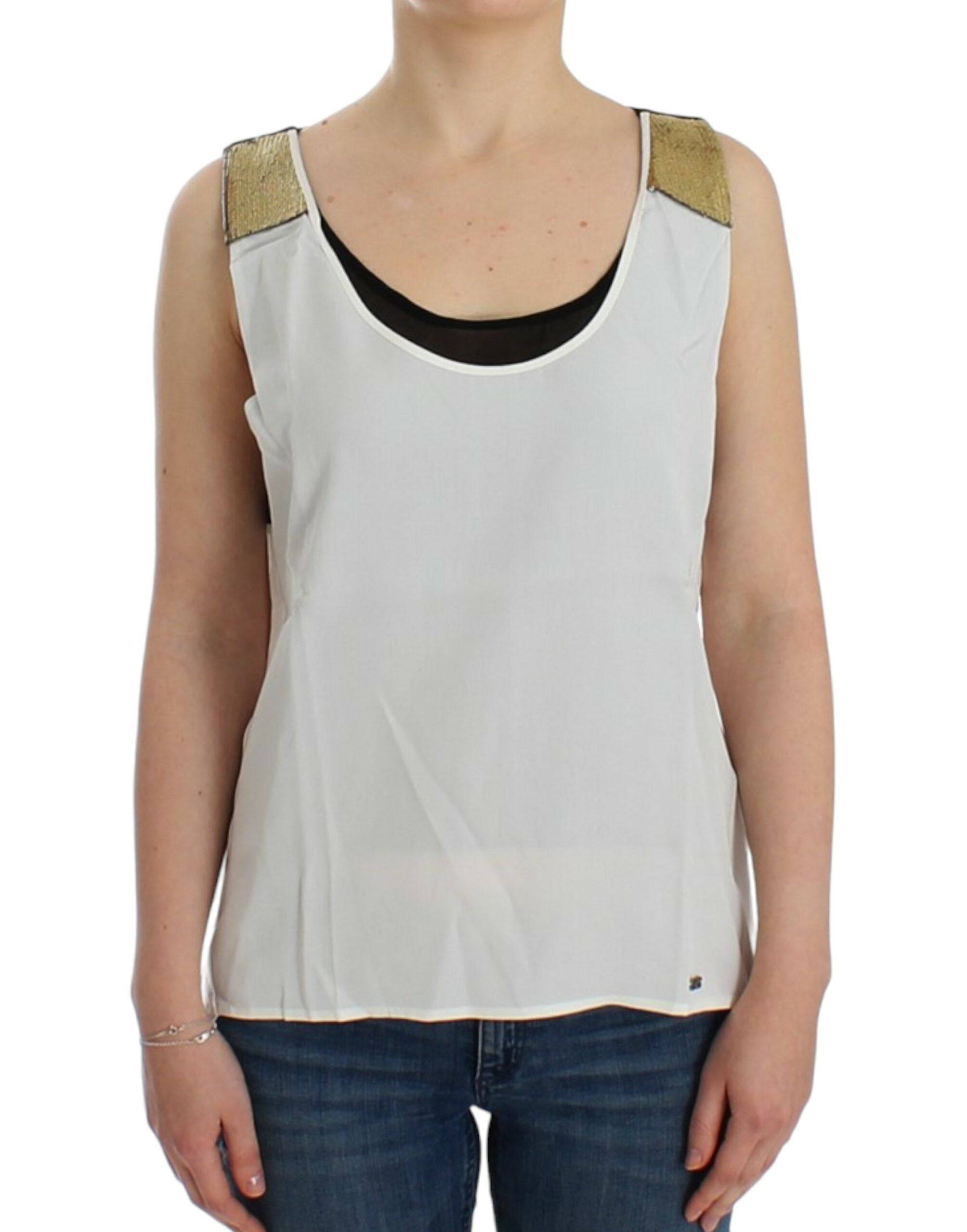 Costume National Elegant Monochrome Sleeveless Top with Gold Accents - ACCEXO