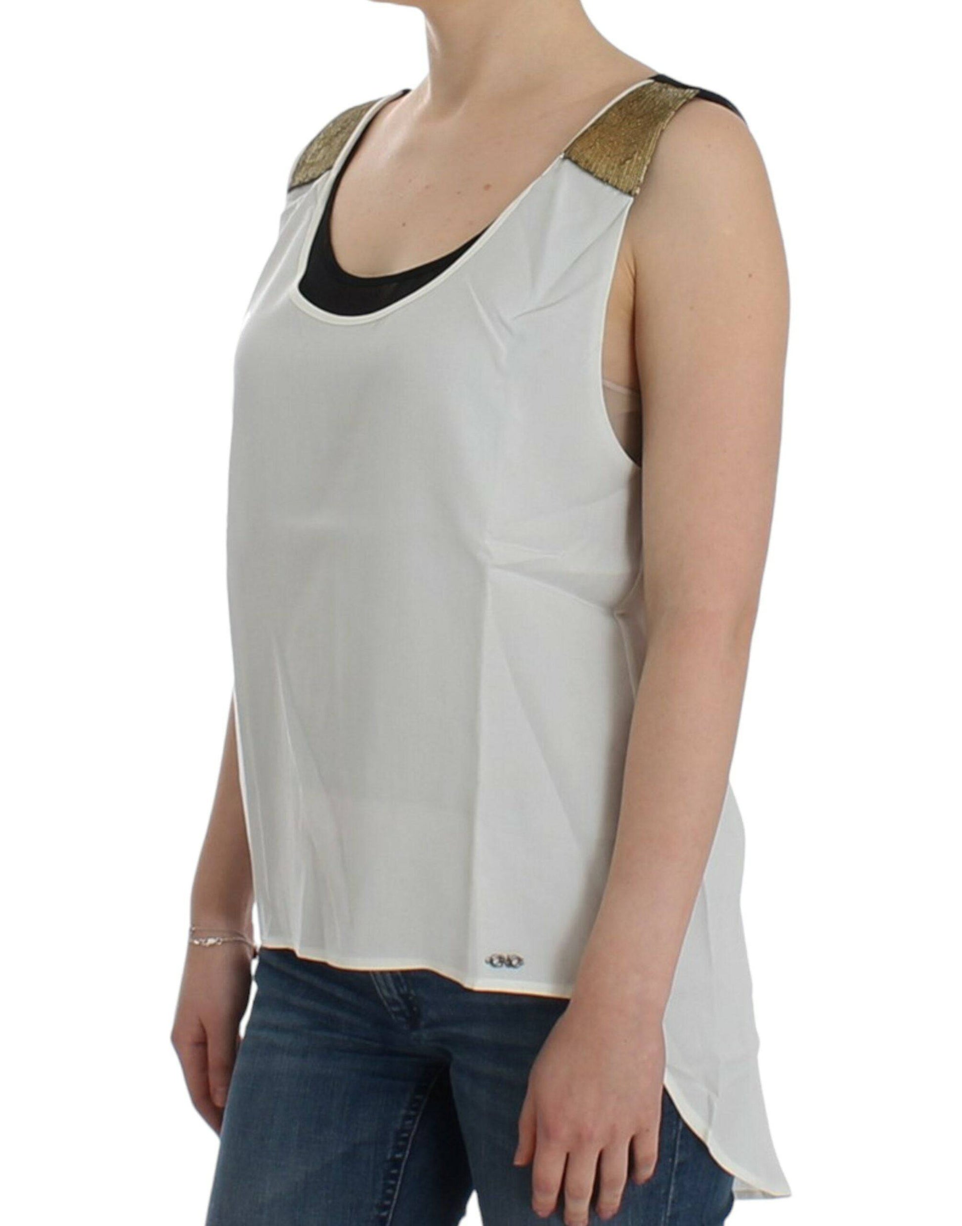 Costume National Elegant Monochrome Sleeveless Top with Gold Accents - ACCEXO