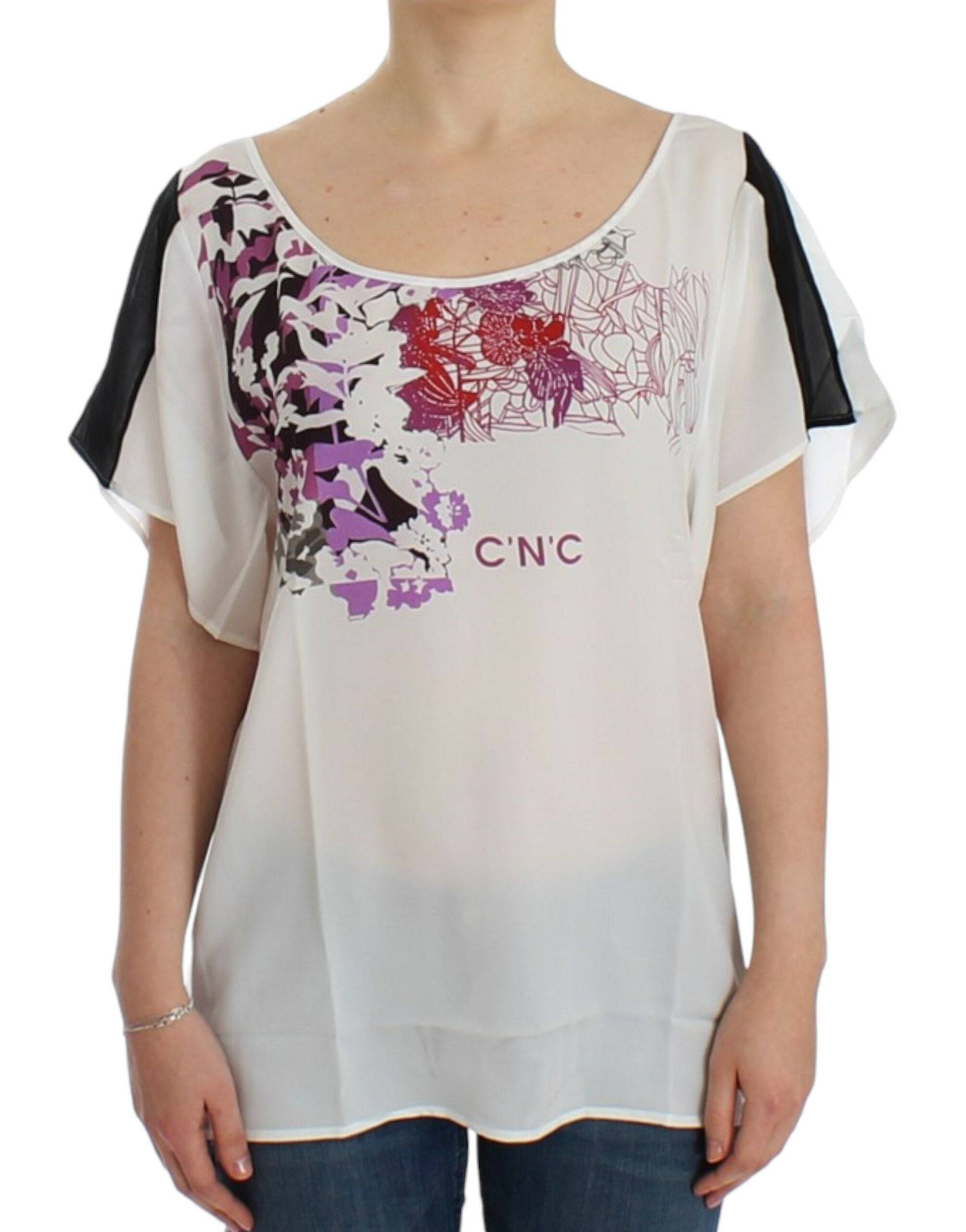 Costume National Chic White V-Neck Motive Print Tee - ACCEXO