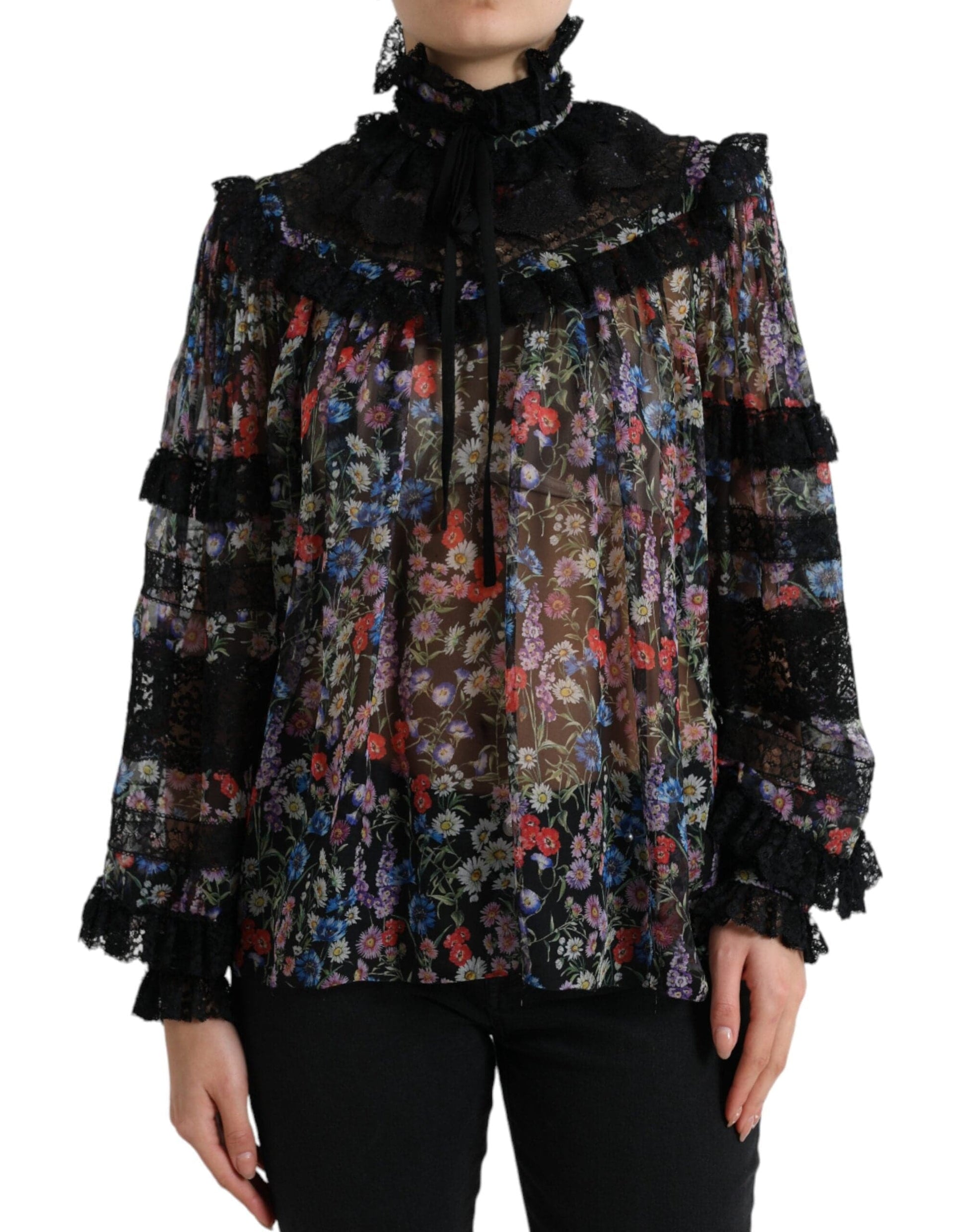 Dolce & Gabbana Elegant Floral Silk Blouse with Lace Trim - ACCEXO