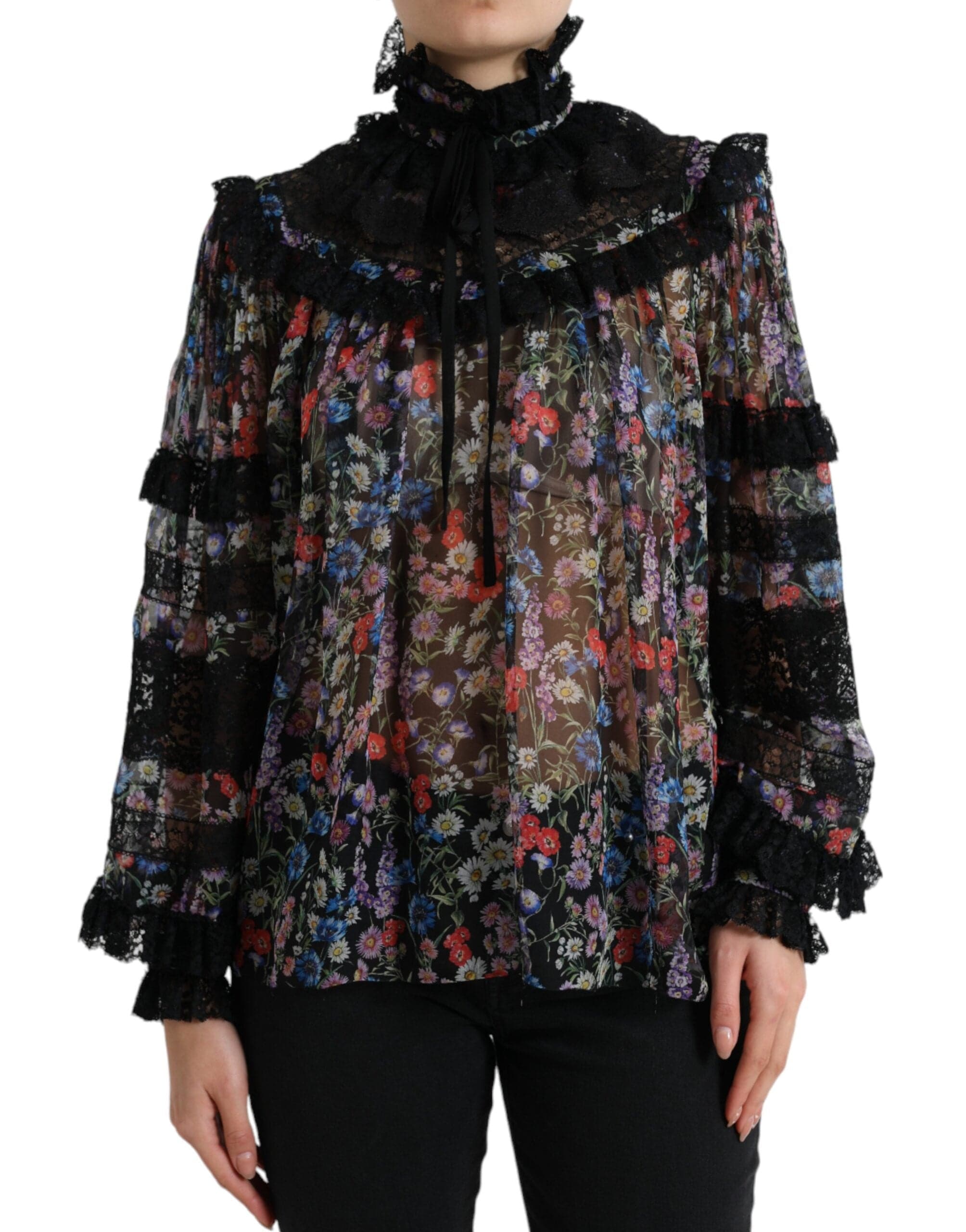 Dolce & Gabbana Elegant Floral Silk Blouse with Lace Trim - ACCEXO