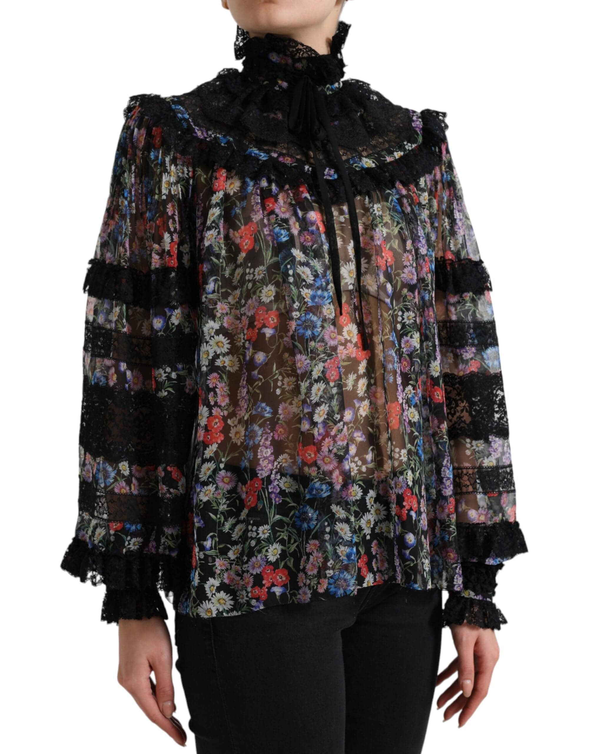 Dolce & Gabbana Elegant Floral Silk Blouse with Lace Trim - ACCEXO