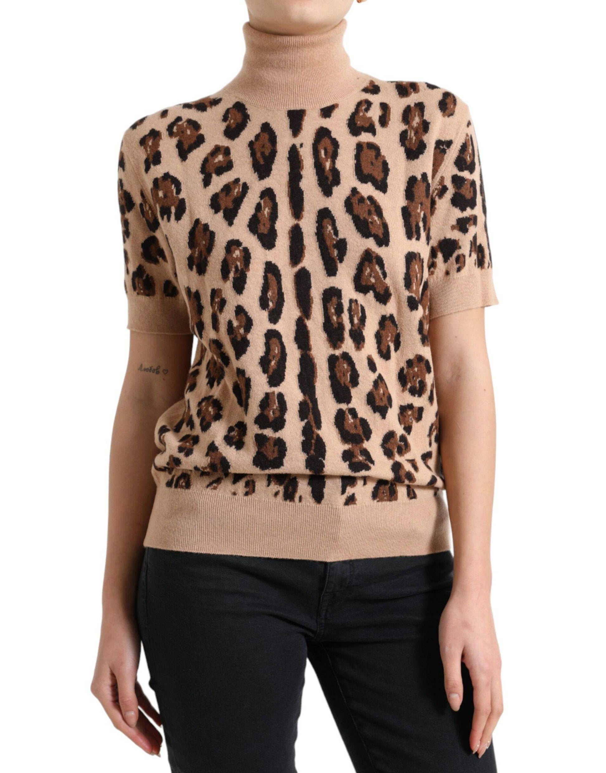 Dolce & Gabbana Elegant Beige Leopard Turtleneck Wool Top - ACCEXO