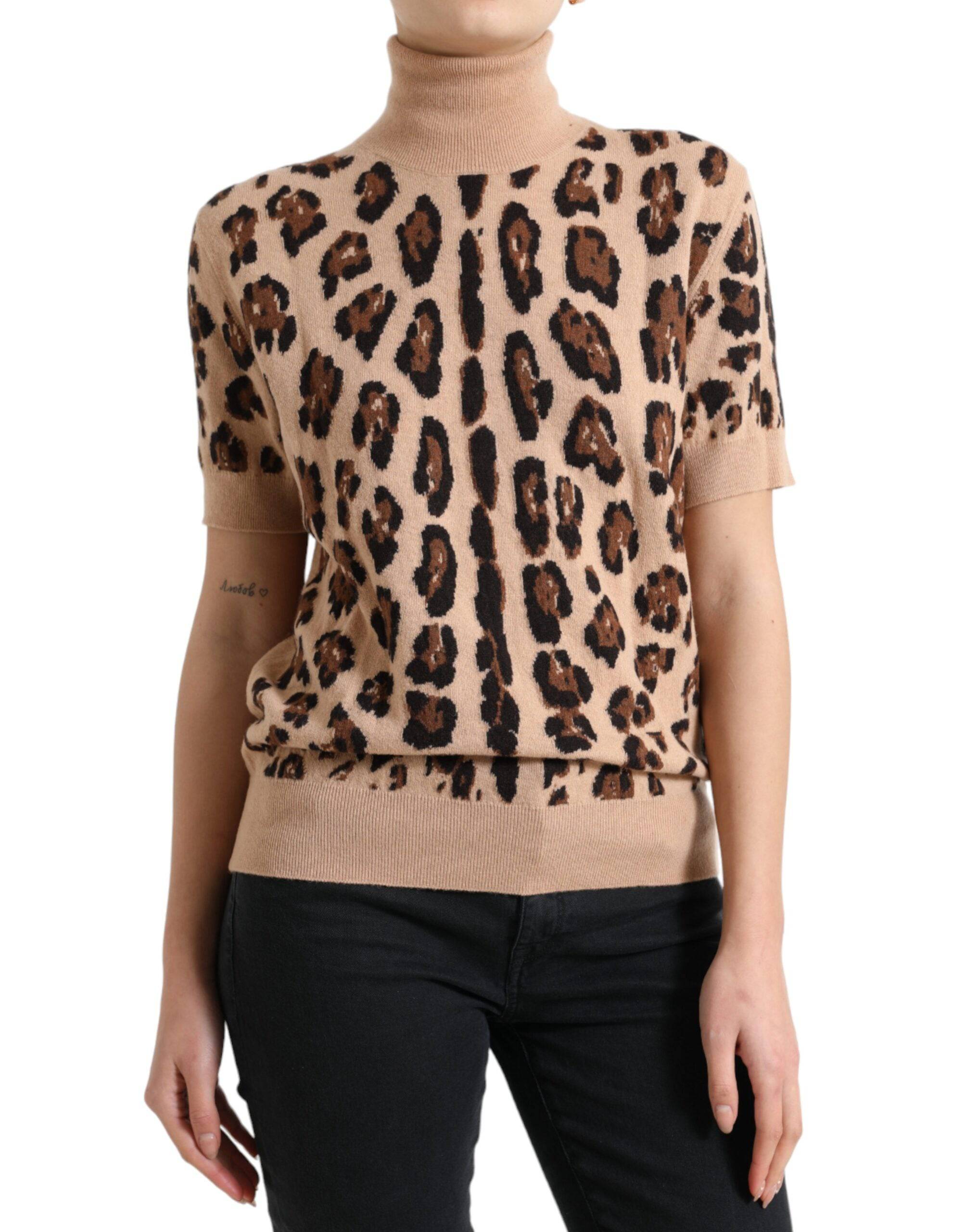 Dolce & Gabbana Elegant Beige Leopard Turtleneck Wool Top - ACCEXO