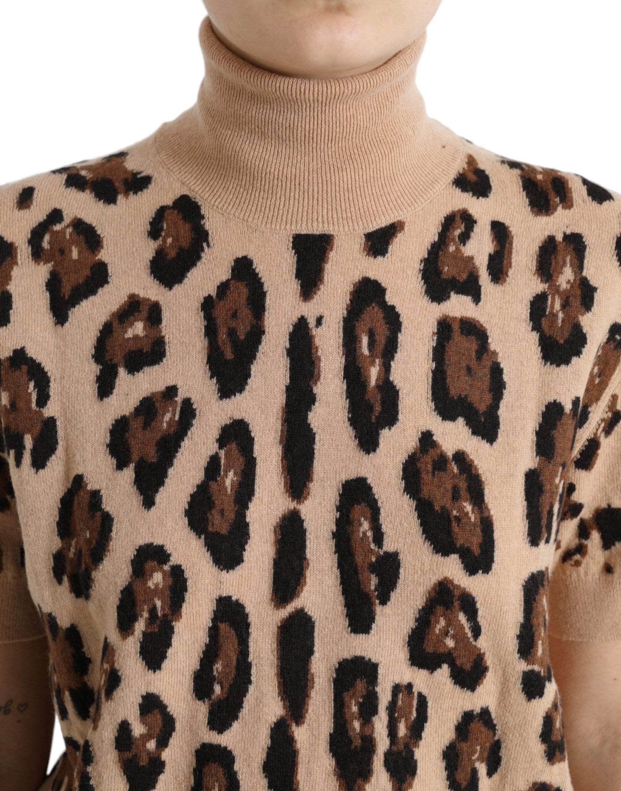 Dolce & Gabbana Elegant Beige Leopard Turtleneck Wool Top - ACCEXO