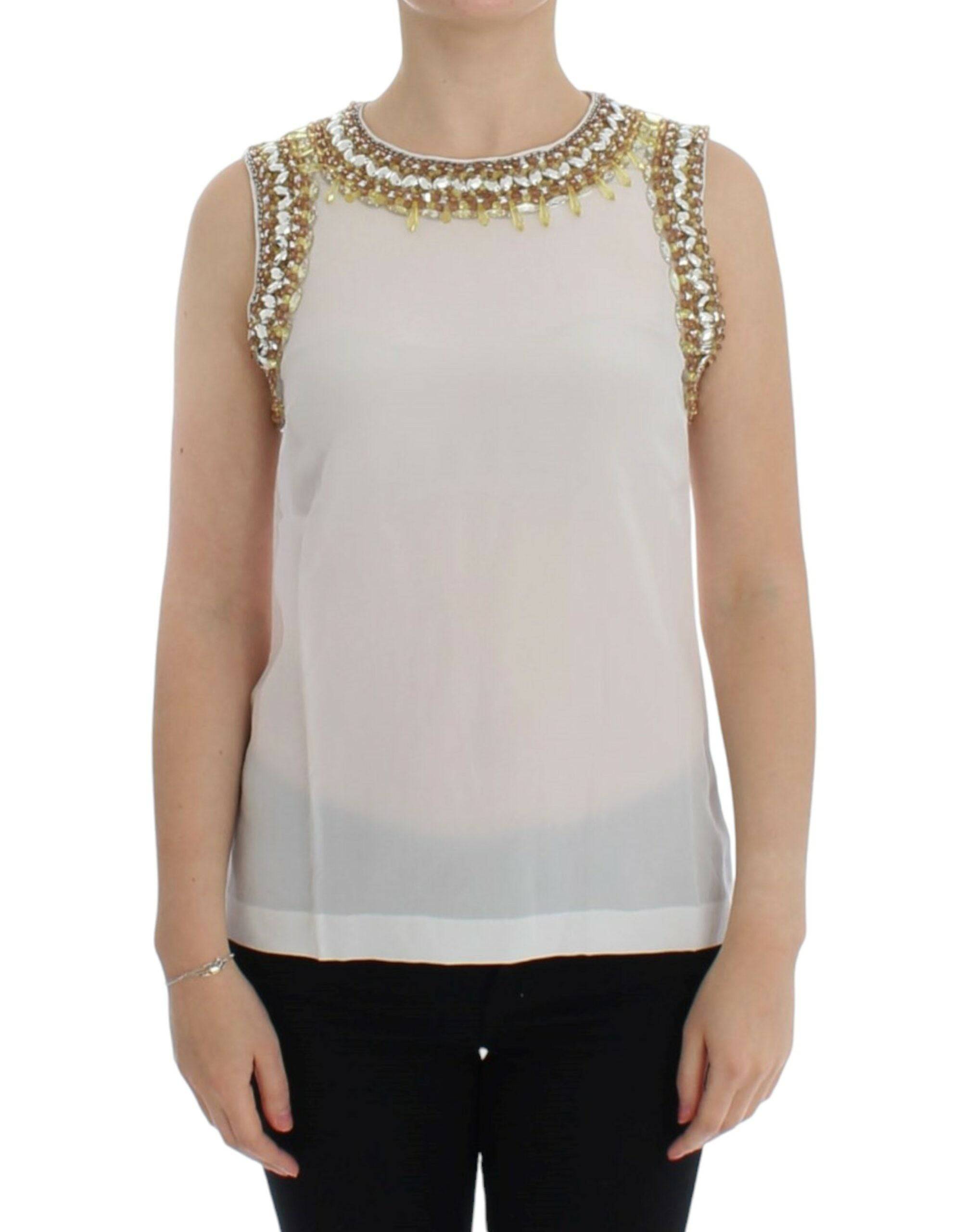 Dolce & Gabbana Elegant Sleeveless Silk Blouse with Crystal Embellishment - ACCEXO