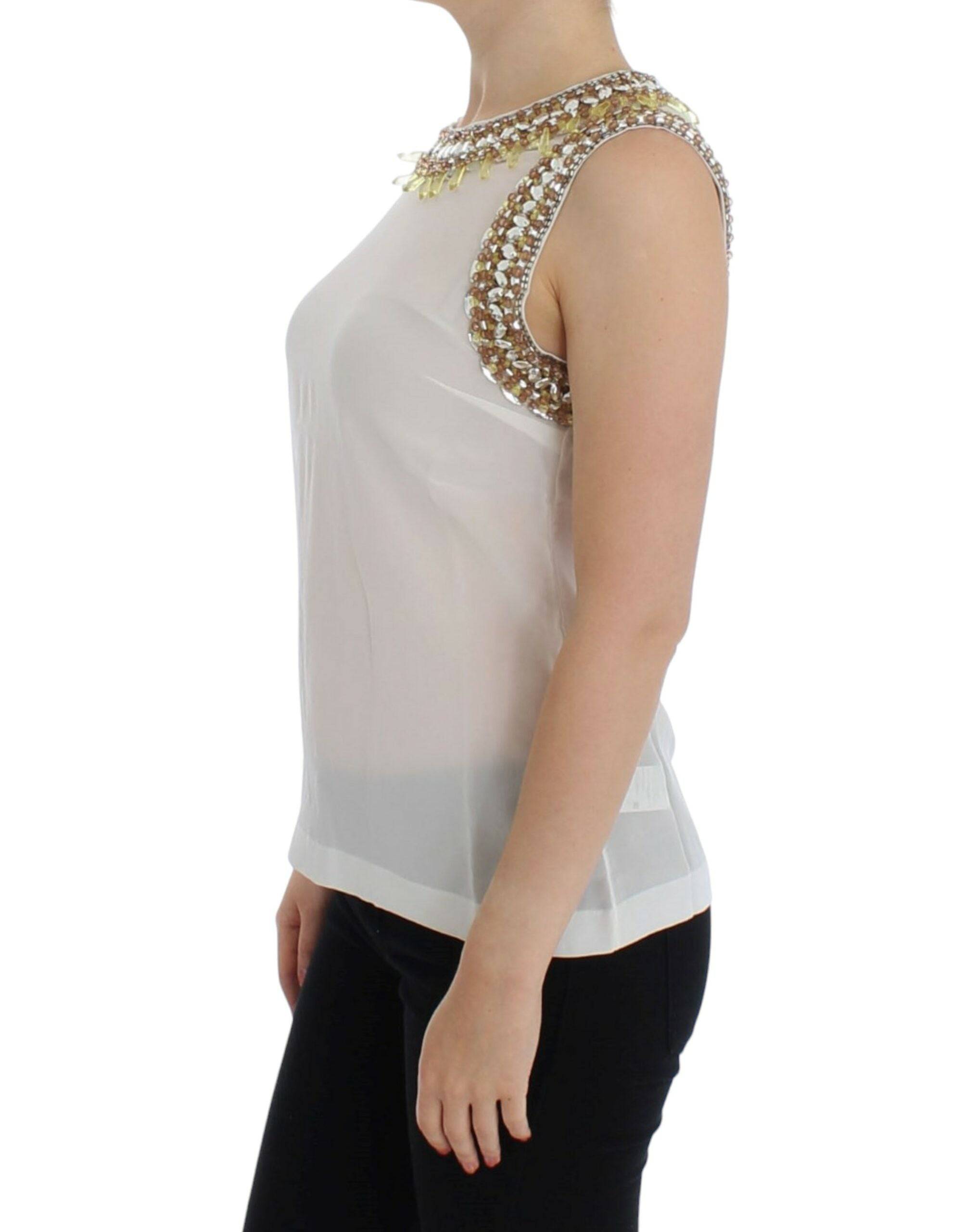 Dolce & Gabbana Elegant Sleeveless Silk Blouse with Crystal Embellishment - ACCEXO