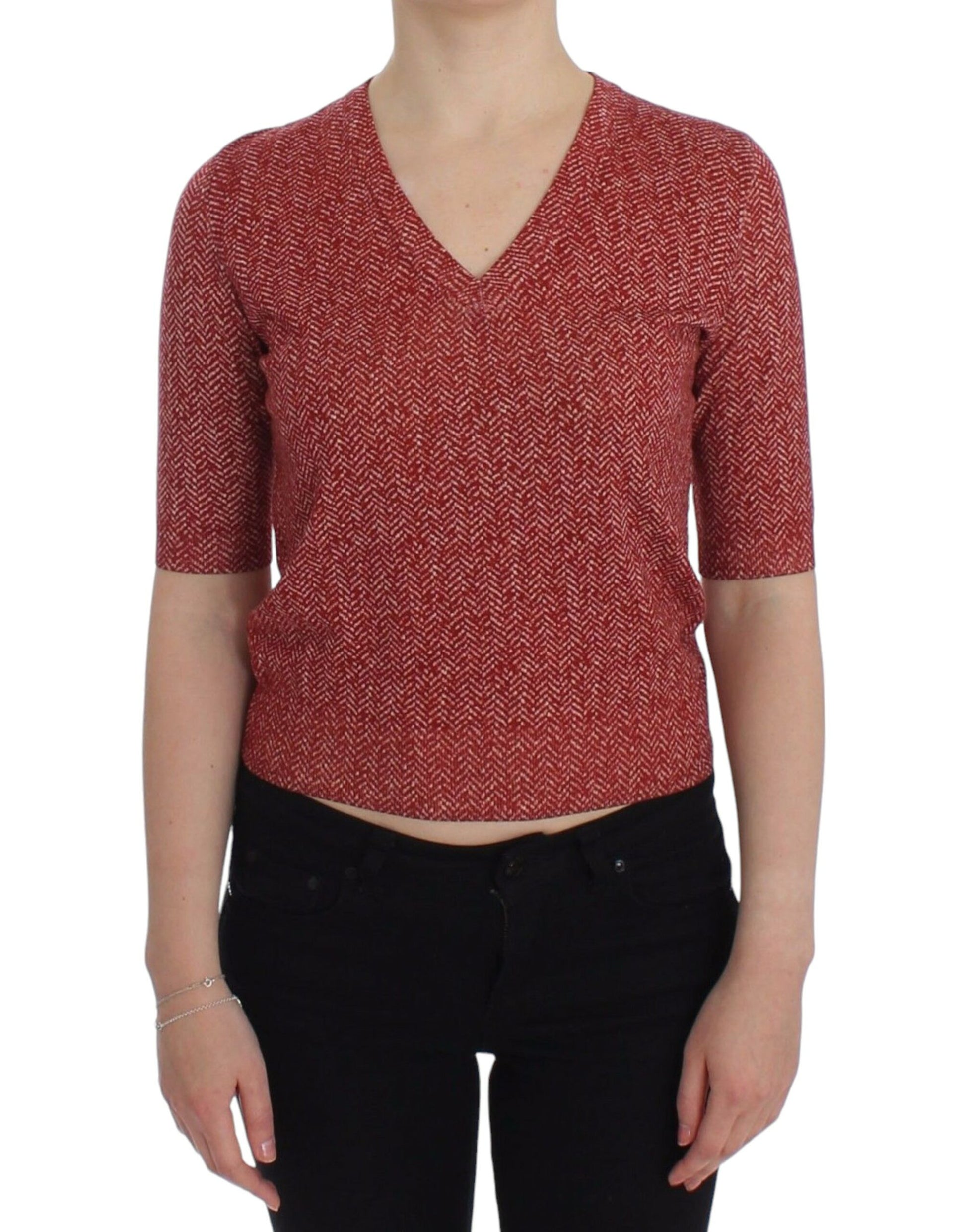 Dolce & Gabbana Enchanting Red Tweed V-Neck Sweater - ACCEXO