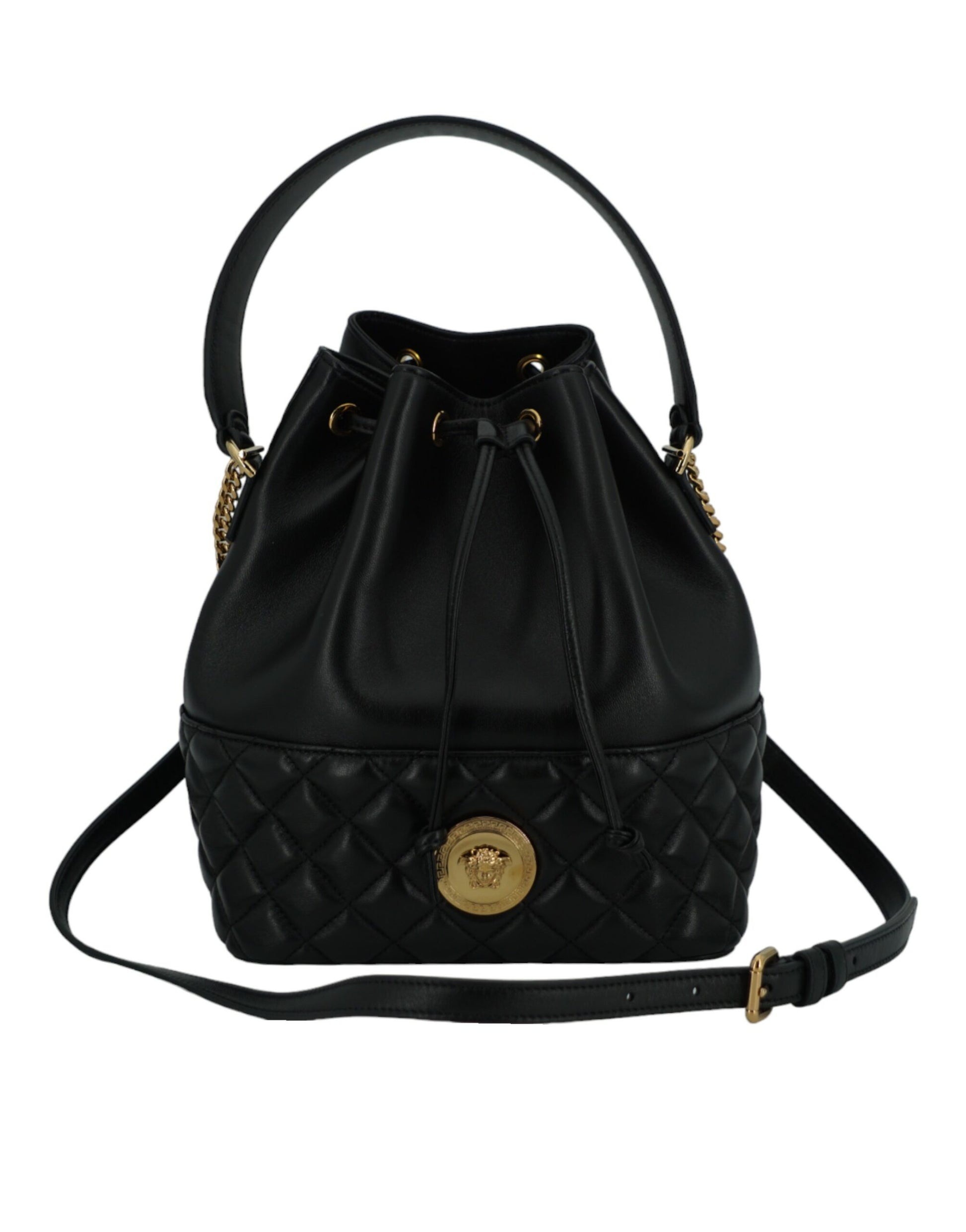 Versace Elegant Black Leather Medusa Bucket Shoulder Bag - ACCEXO