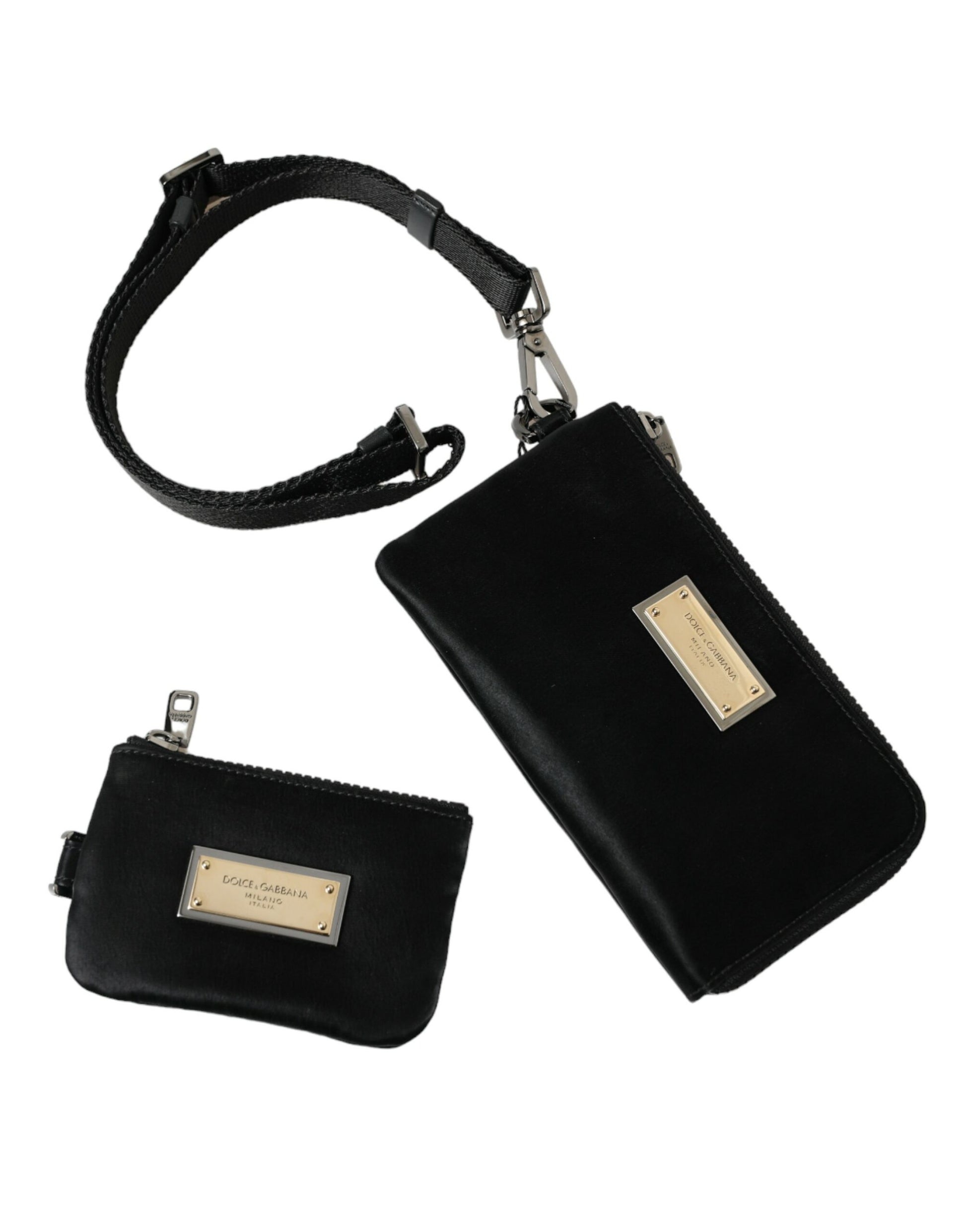 Dolce & Gabbana Elegant Black Nylon Leather Pouch with Silver Details - ACCEXO