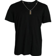 Dolce & Gabbana Elegant Black Cotton Crewneck Tee with Dog Tag Detail - ACCEXO