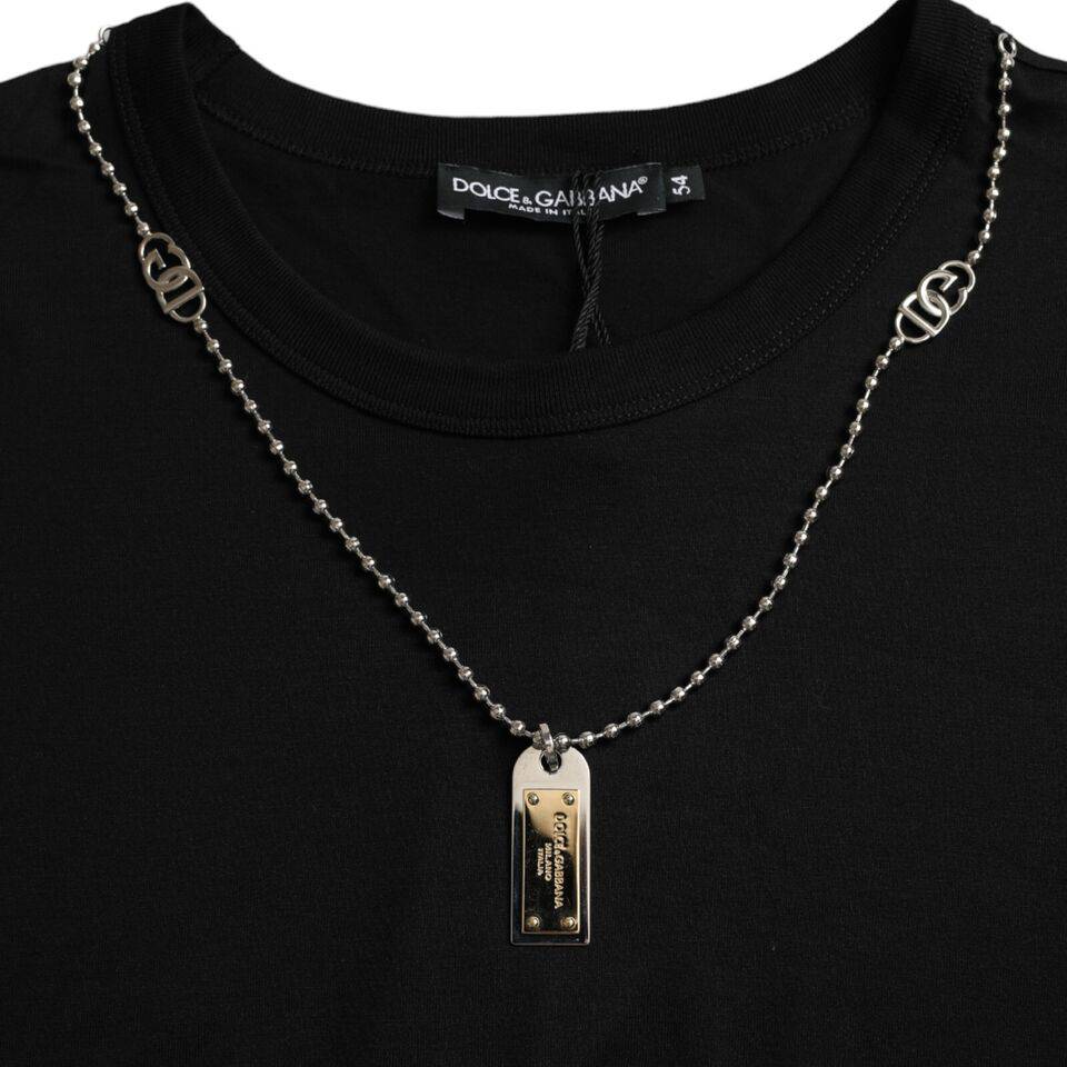 Dolce & Gabbana Elegant Black Cotton Crewneck Tee with Dog Tag Detail - ACCEXO
