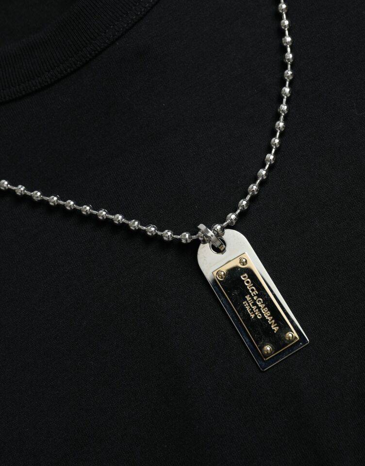 Dolce & Gabbana Elegant Black Cotton Crewneck Tee with Dog Tag Detail - ACCEXO
