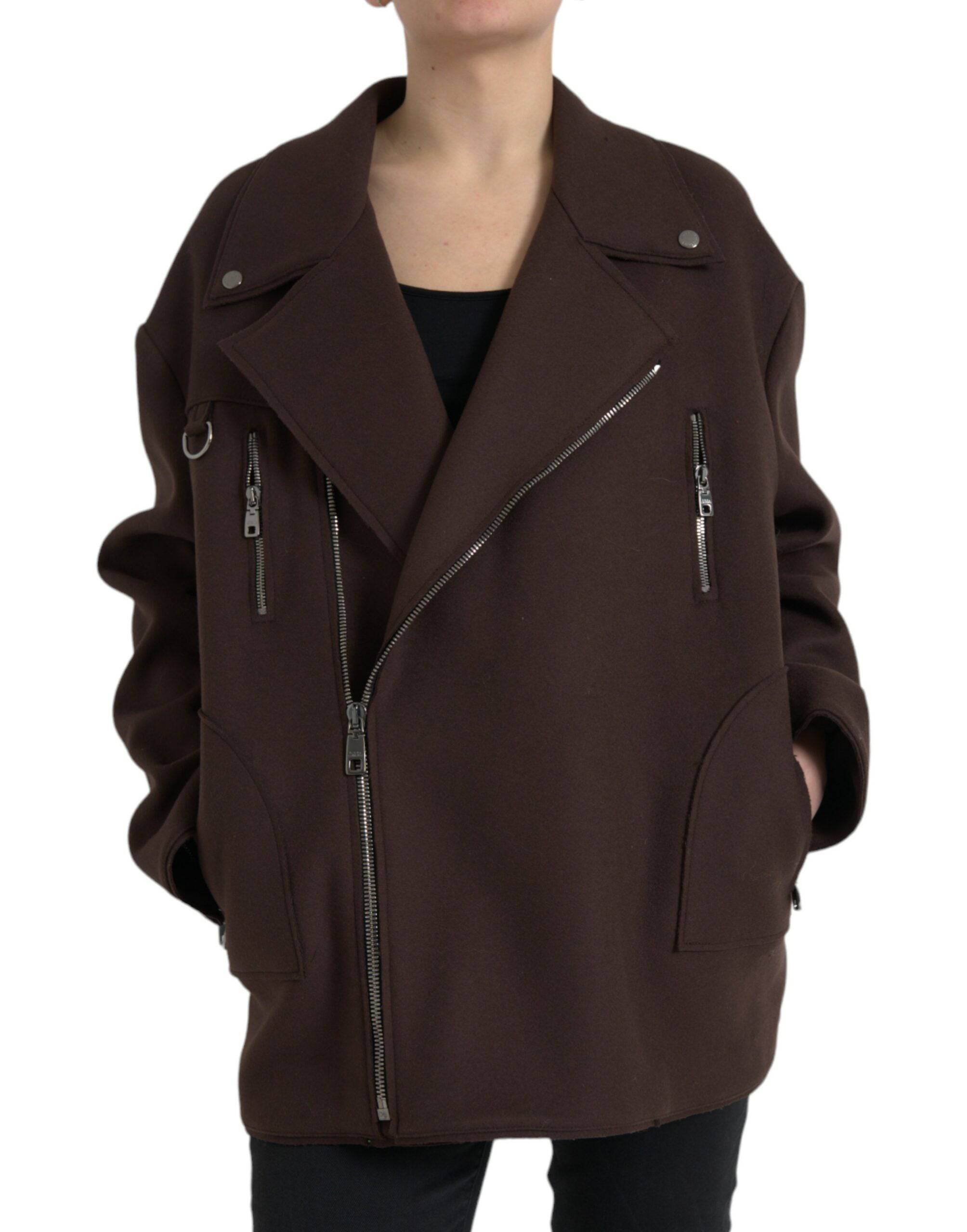 Dolce & Gabbana Brown Coat Short Biker Wool Jacket - ACCEXO