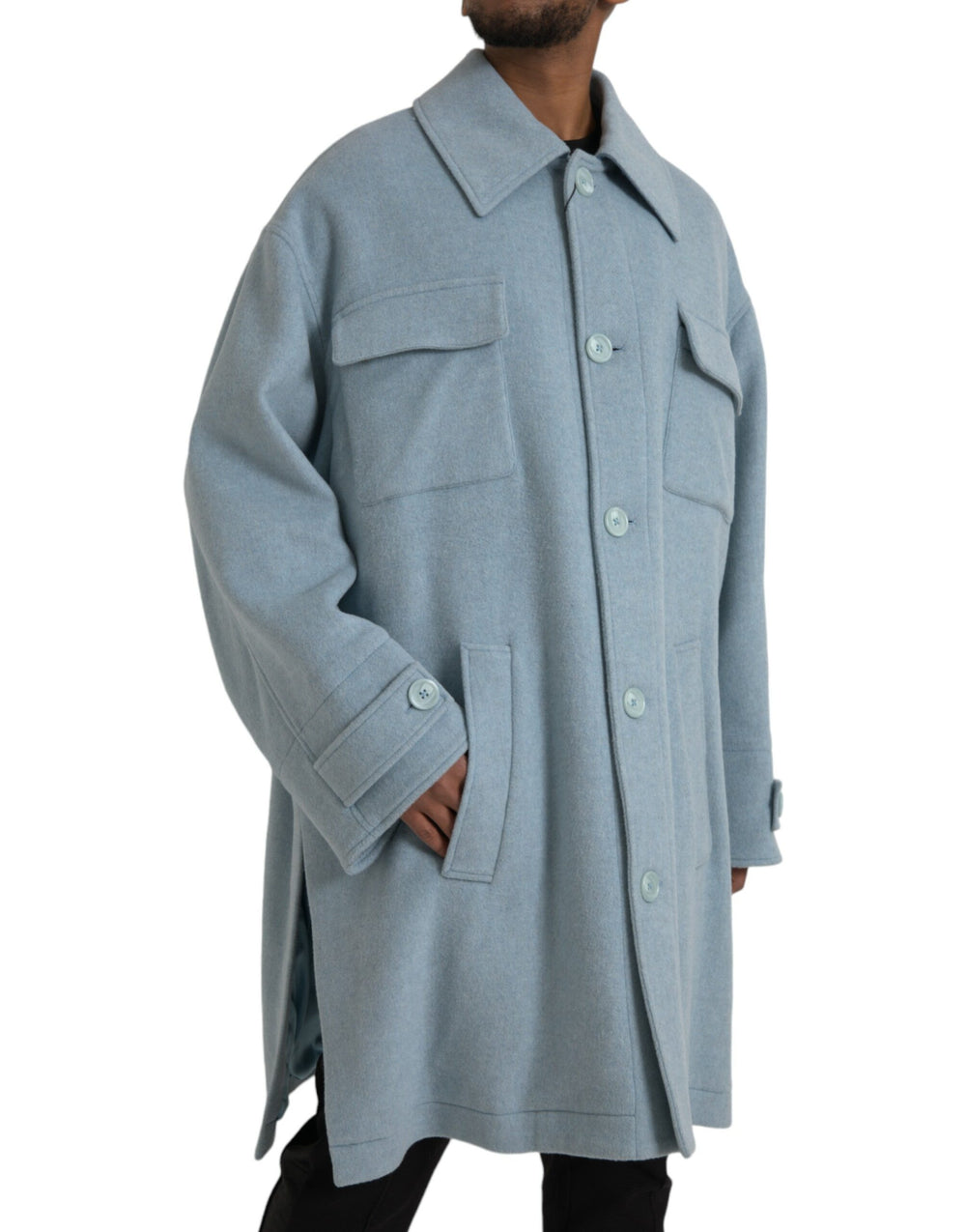 Dolce & Gabbana Light Blue Wool Button Trench Coat Jacket