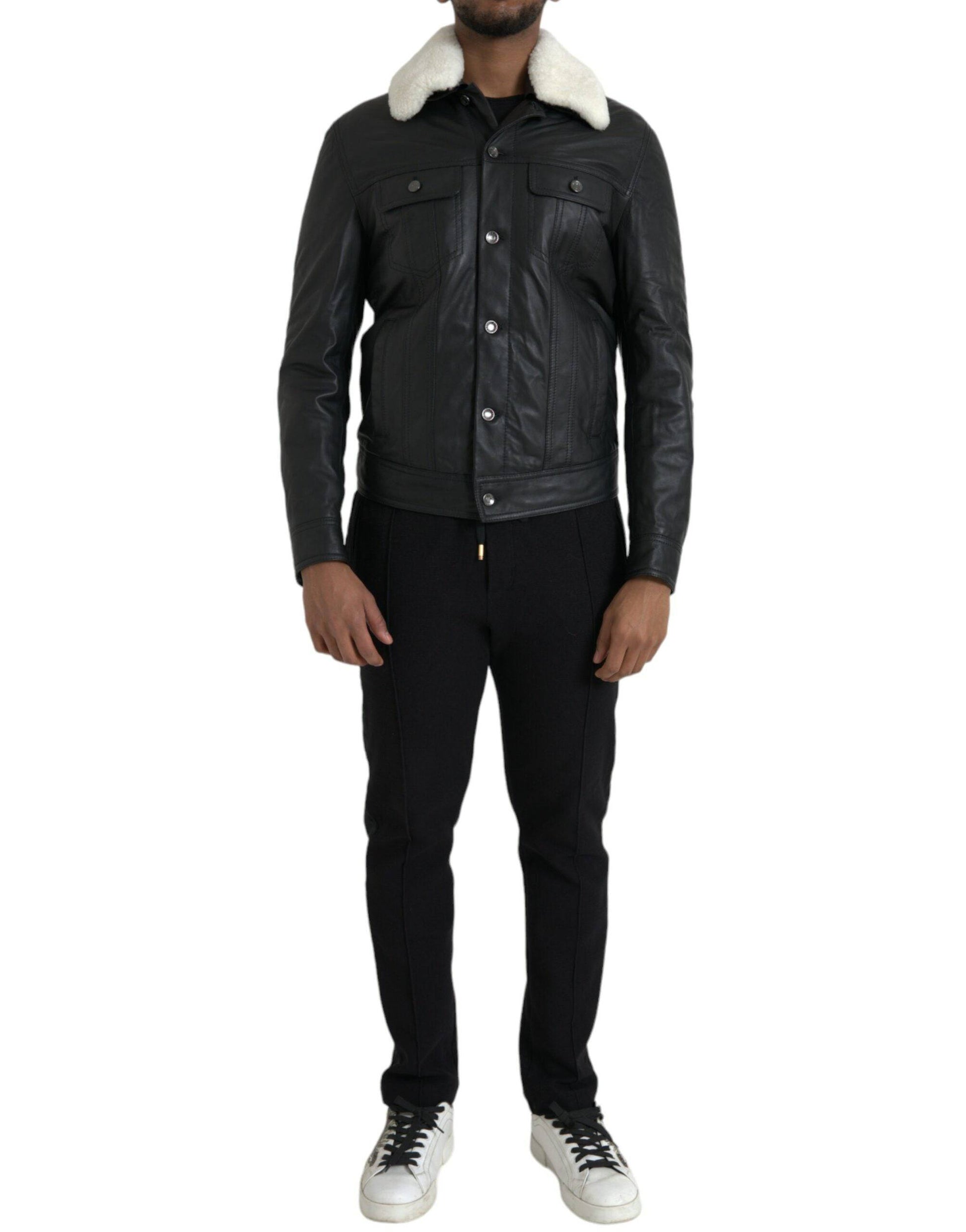 Dolce & Gabbana Black Leather Fur Collar Biker Coat Jacket - ACCEXO