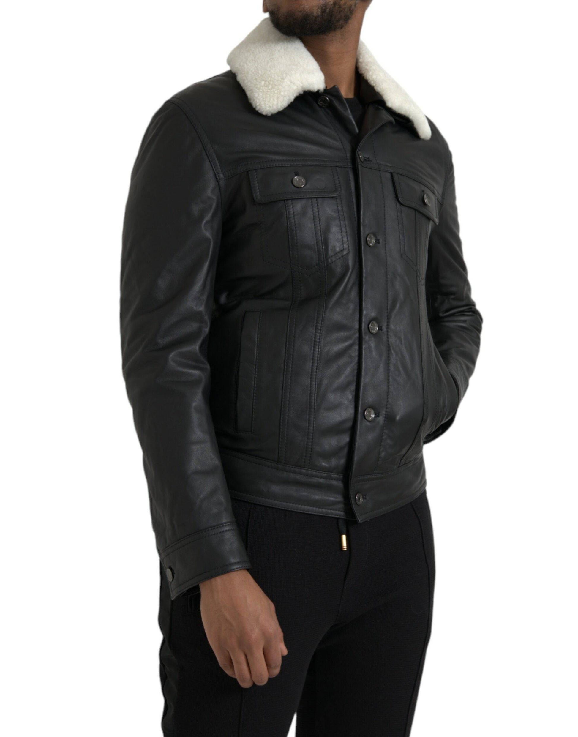 Dolce & Gabbana Black Leather Fur Collar Biker Coat Jacket - ACCEXO