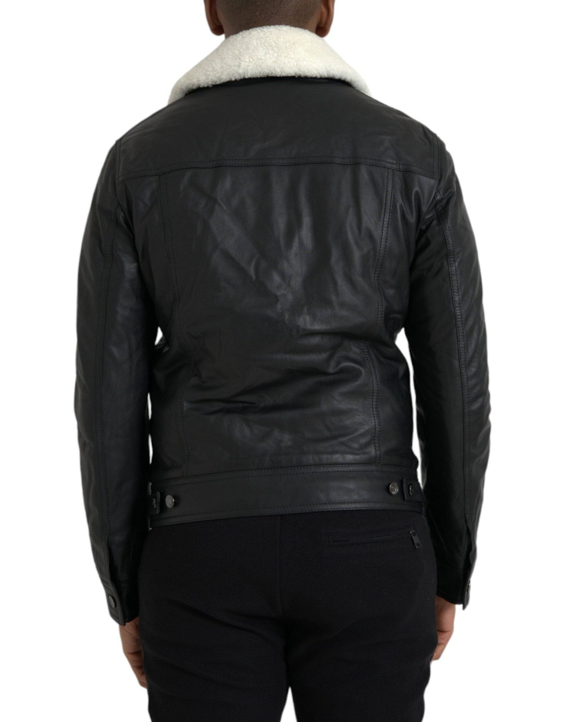 Dolce & Gabbana Black Leather Fur Collar Biker Coat Jacket - ACCEXO