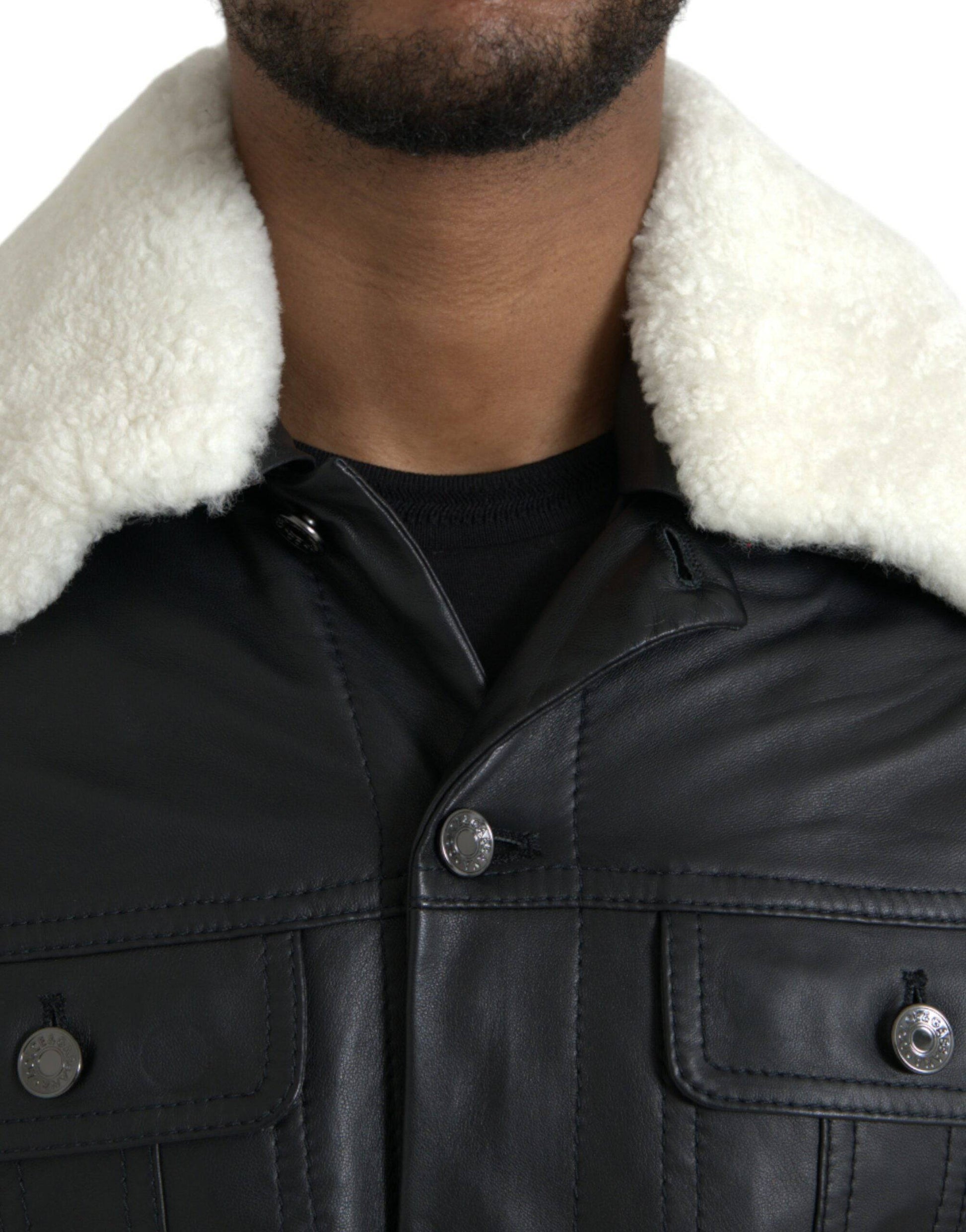 Dolce & Gabbana Black Leather Fur Collar Biker Coat Jacket - ACCEXO