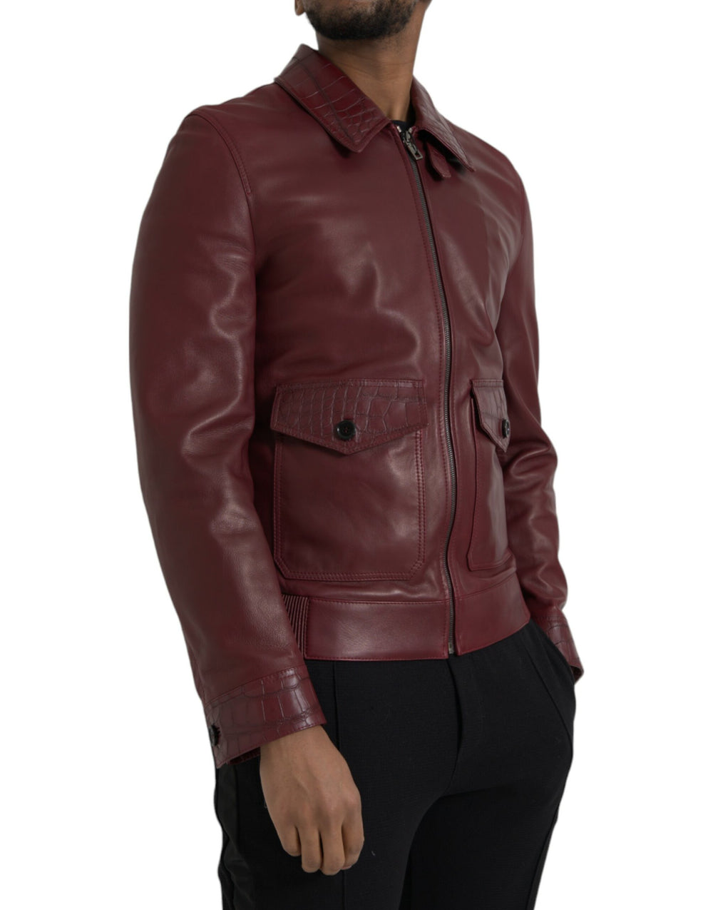 Dolce & Gabbana Maroon Exotic Leather Zip Biker Coat Jacket