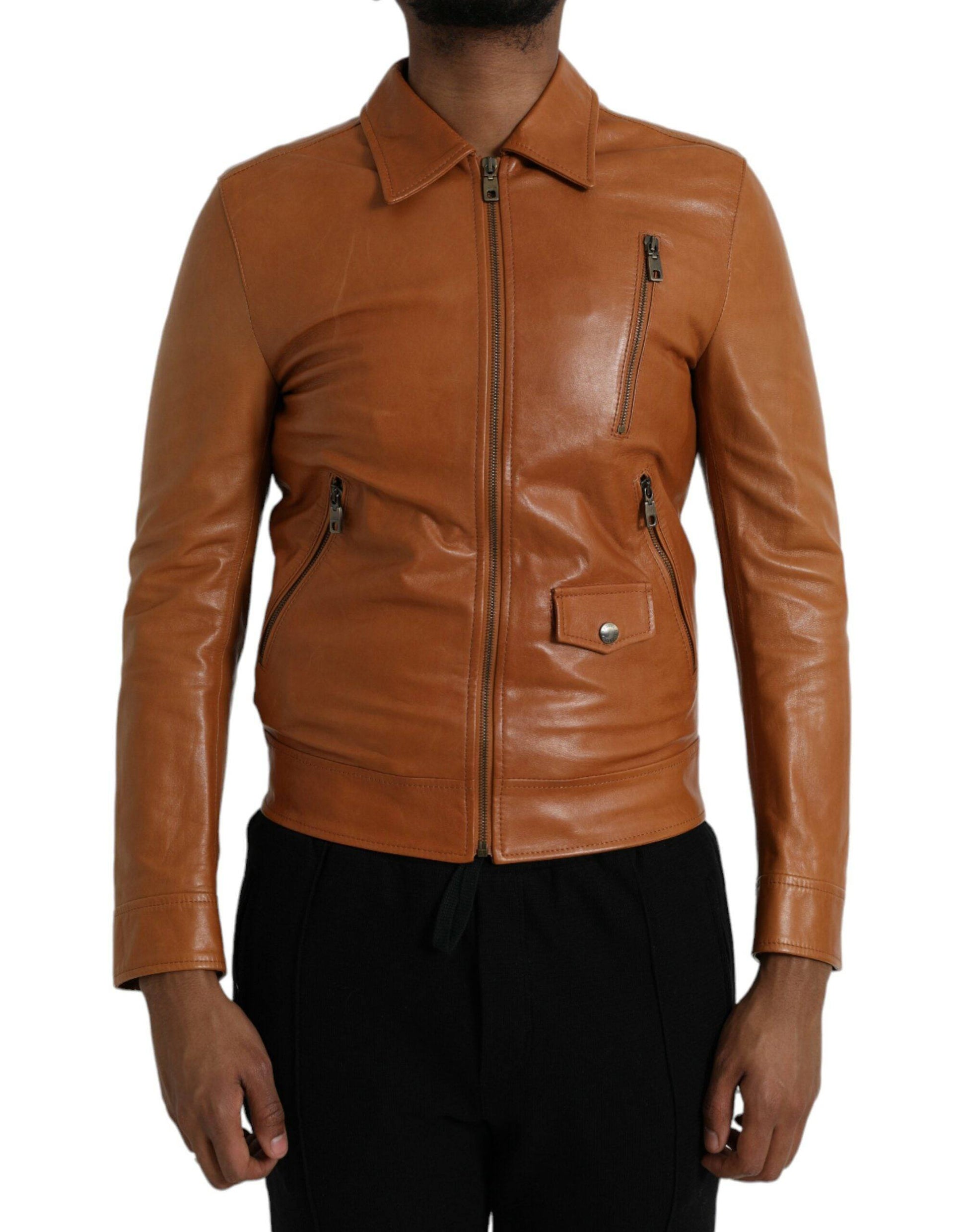 Dolce & Gabbana Brown Lamb Leather Full Zip Blouson Jacket - ACCEXO
