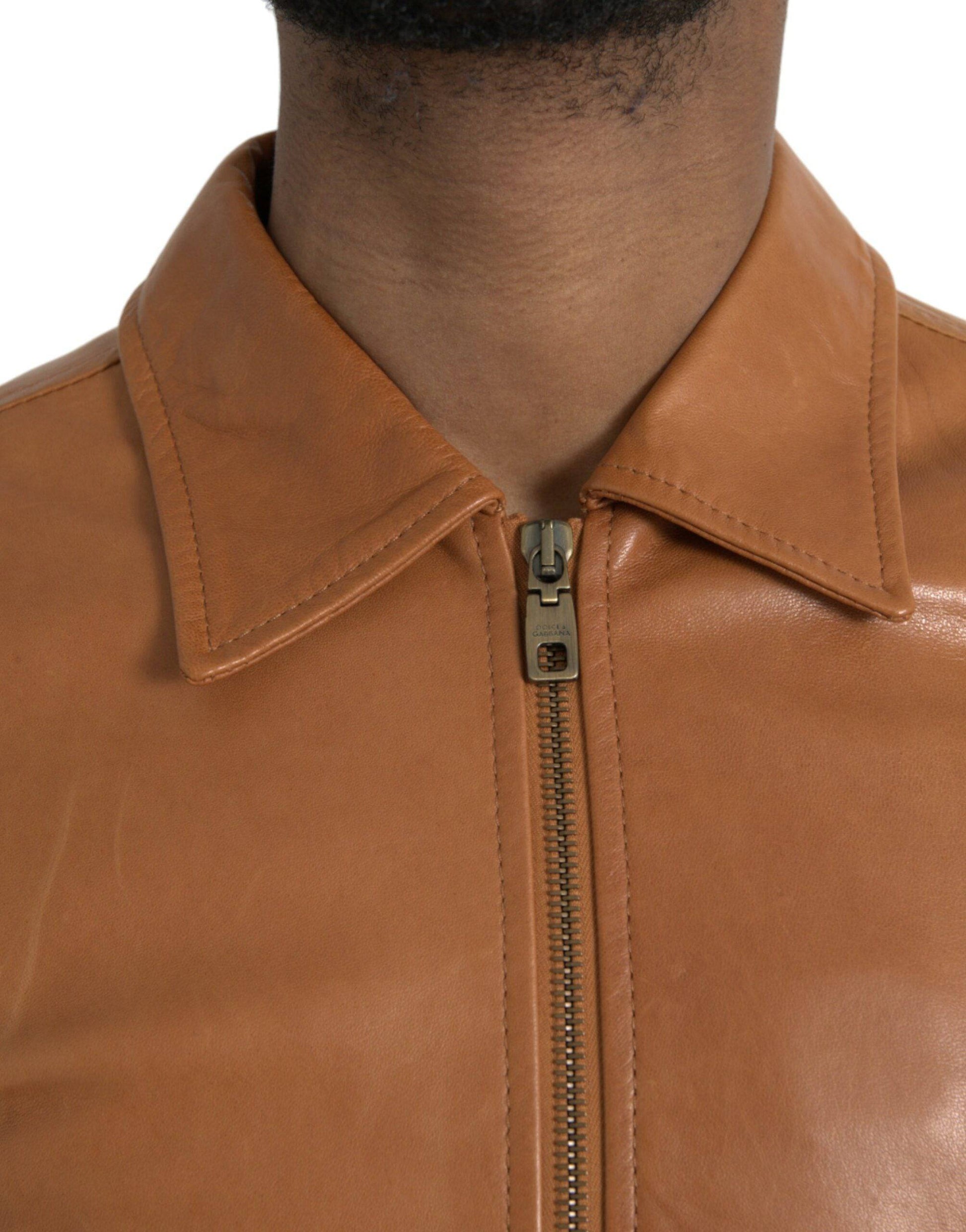 Dolce & Gabbana Brown Lamb Leather Full Zip Blouson Jacket - ACCEXO