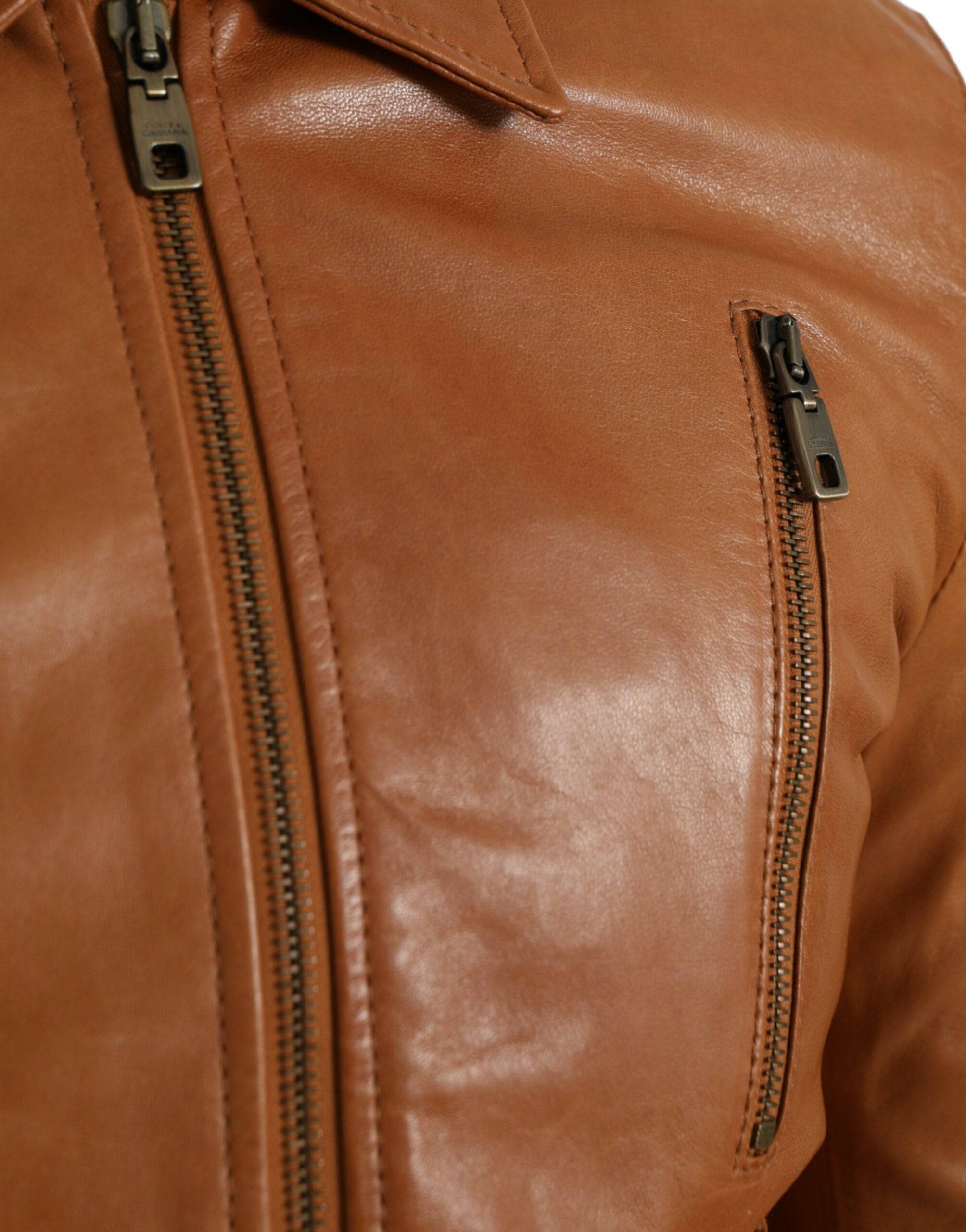 Dolce & Gabbana Brown Lamb Leather Full Zip Blouson Jacket - ACCEXO