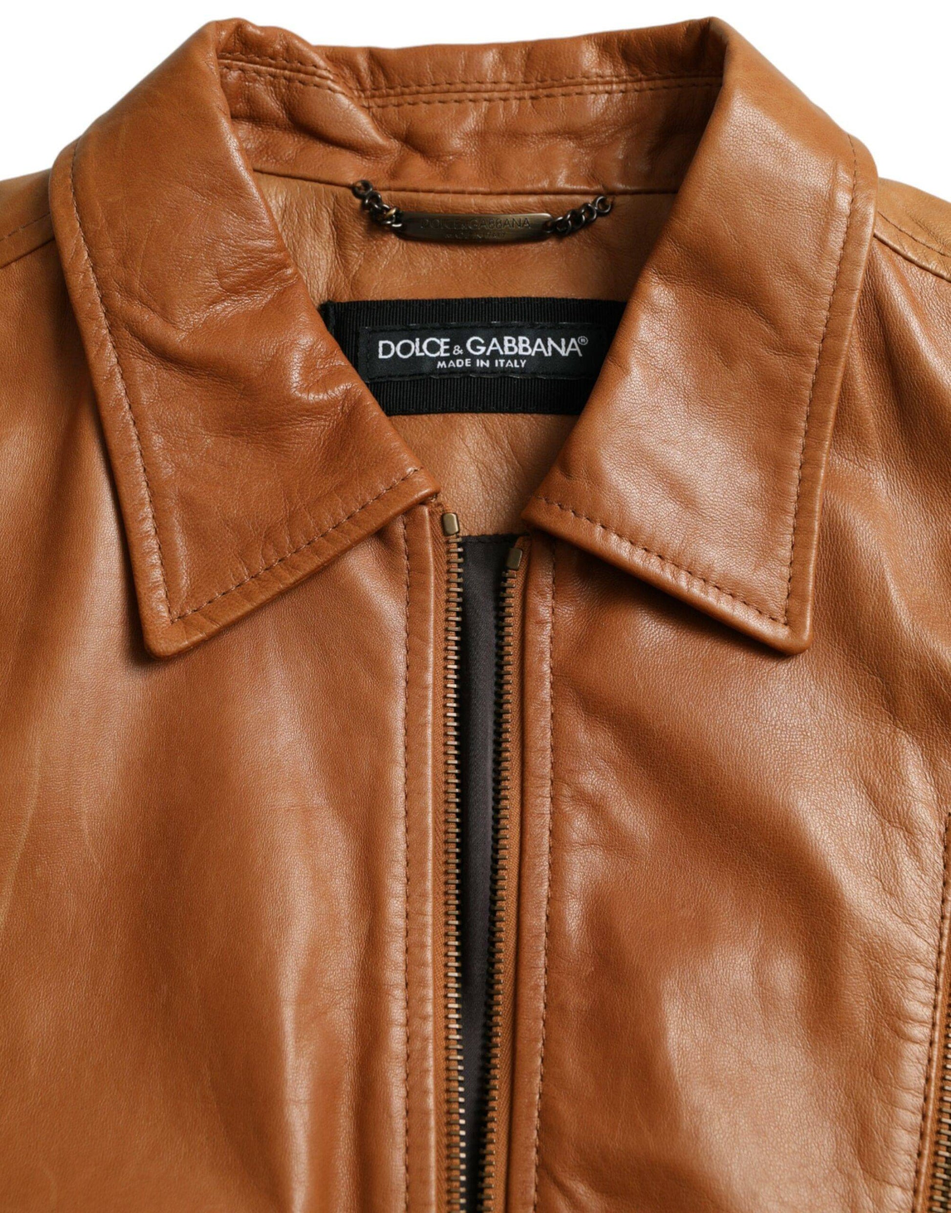 Dolce & Gabbana Brown Lamb Leather Full Zip Blouson Jacket - ACCEXO