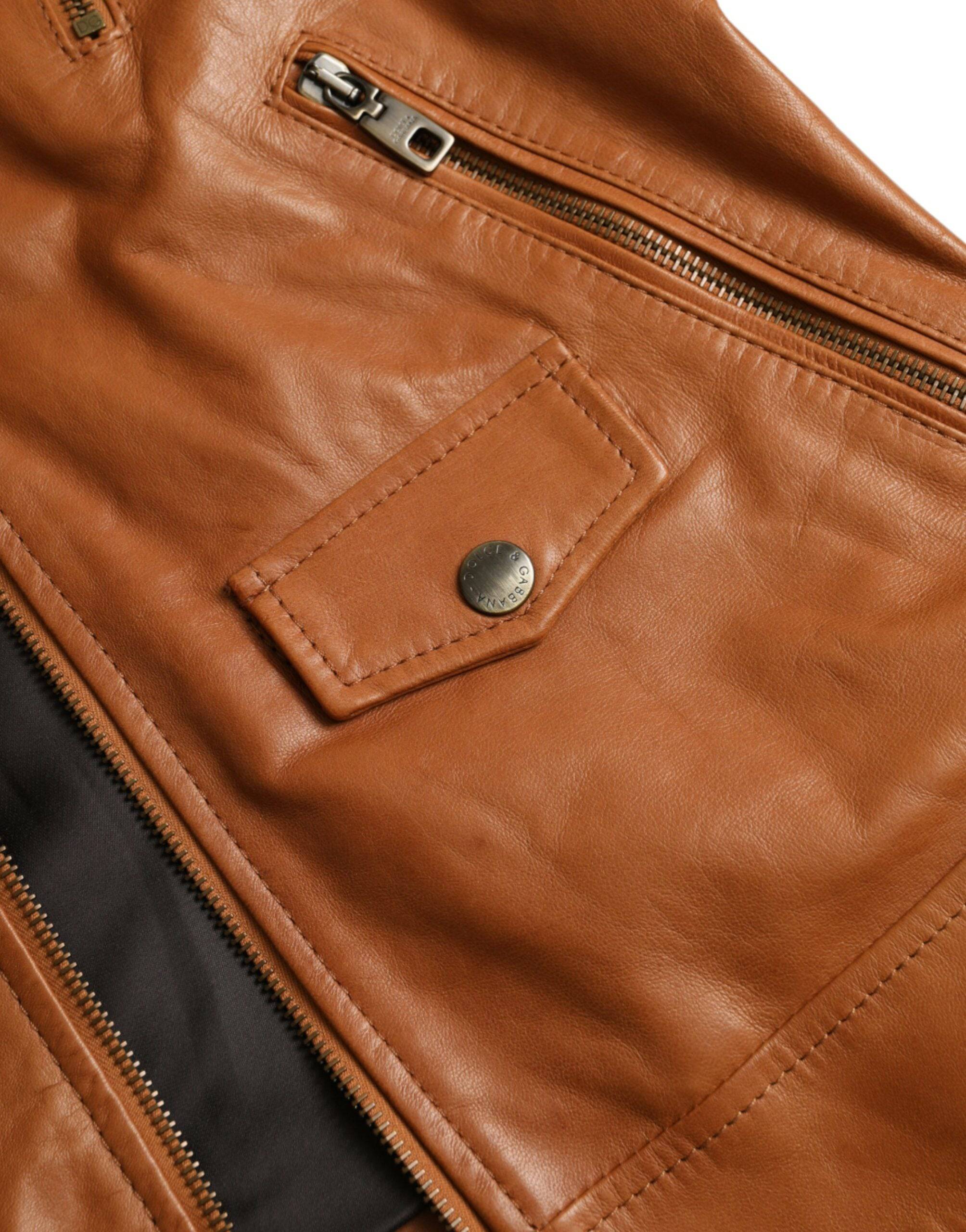 Dolce & Gabbana Brown Lamb Leather Full Zip Blouson Jacket - ACCEXO