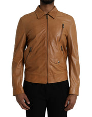 Dolce & Gabbana Brown Lamb Leather Full Zip Blouson Jacket - ACCEXO