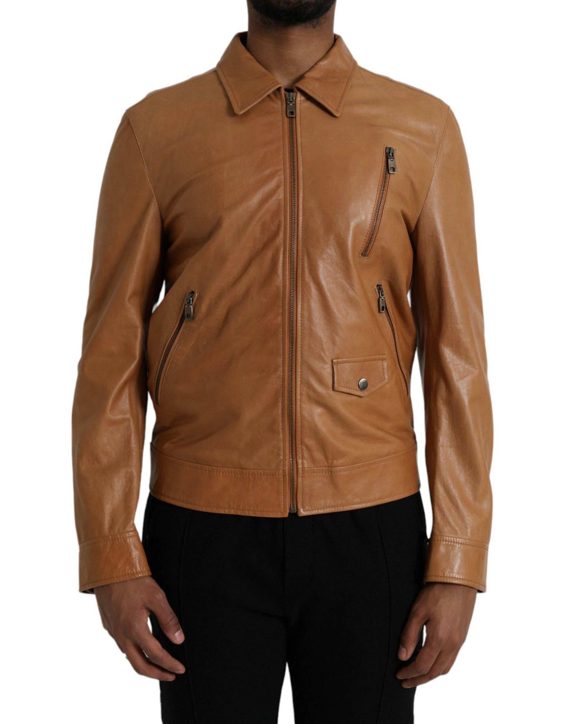 Dolce & Gabbana Brown Lamb Leather Full Zip Blouson Jacket - ACCEXO