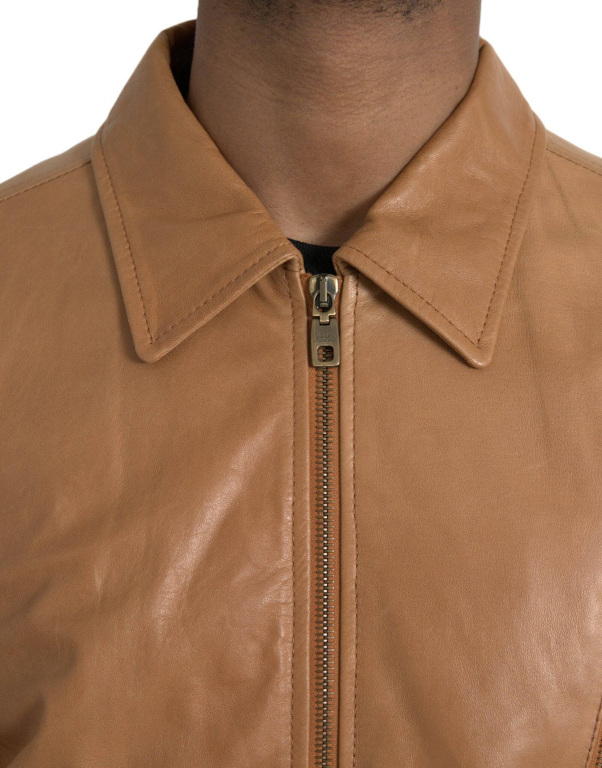 Dolce & Gabbana Brown Lamb Leather Full Zip Blouson Jacket - ACCEXO