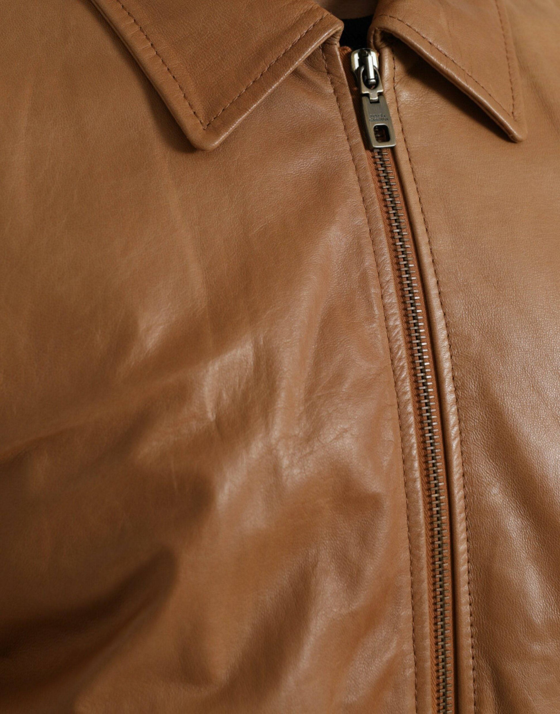 Dolce & Gabbana Brown Lamb Leather Full Zip Blouson Jacket - ACCEXO