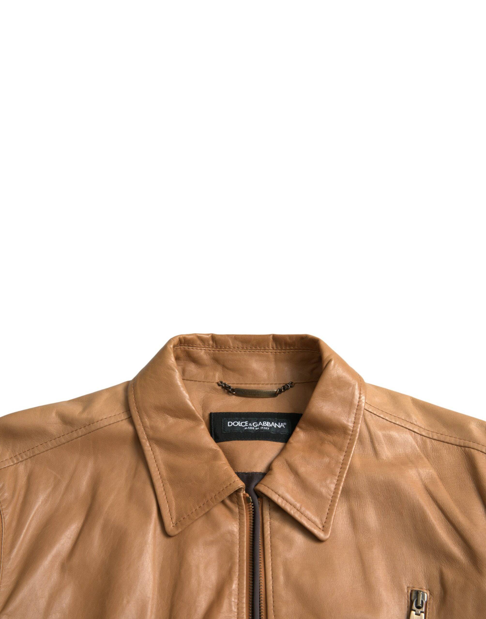 Dolce & Gabbana Brown Lamb Leather Full Zip Blouson Jacket - ACCEXO