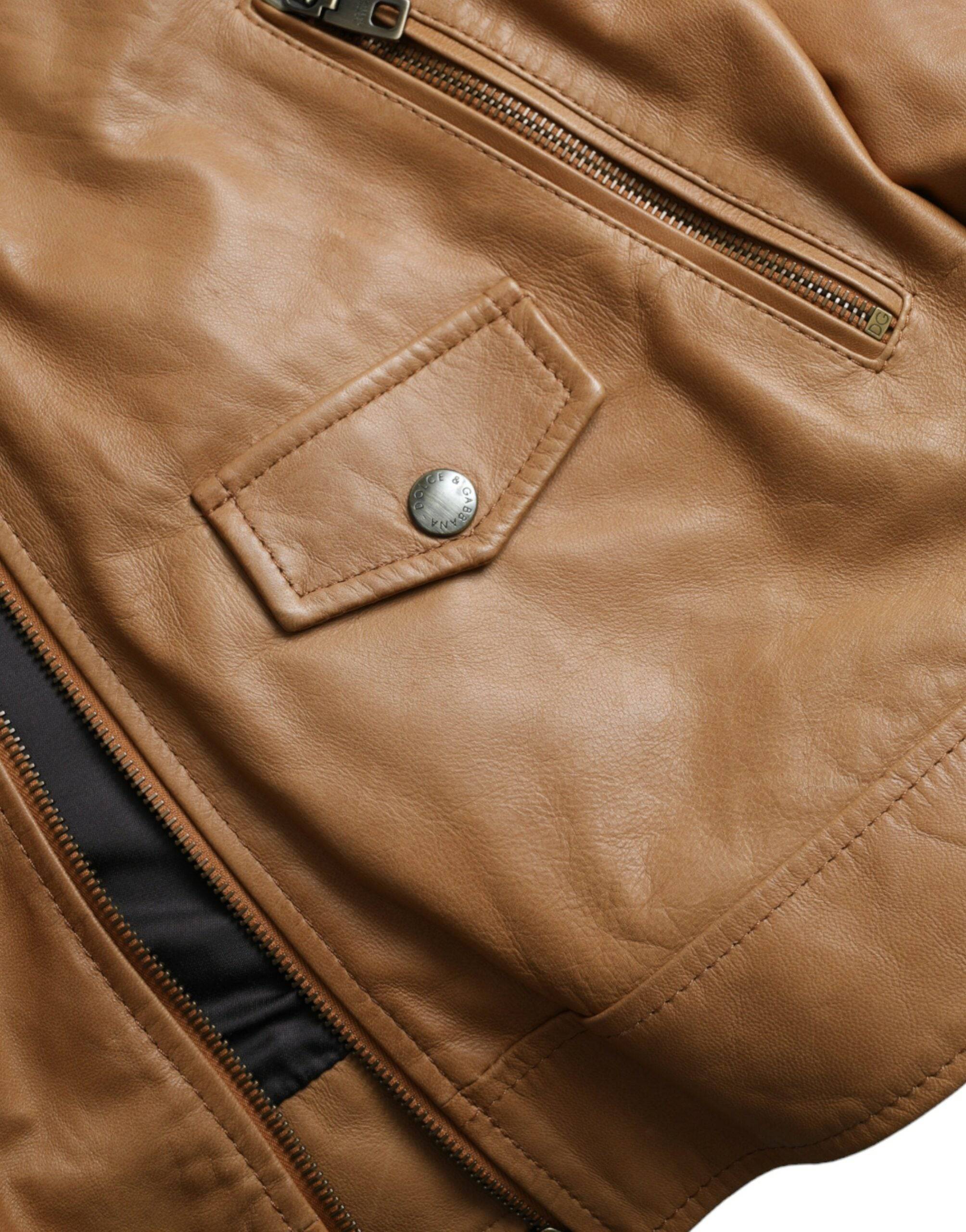 Dolce & Gabbana Brown Lamb Leather Full Zip Blouson Jacket - ACCEXO