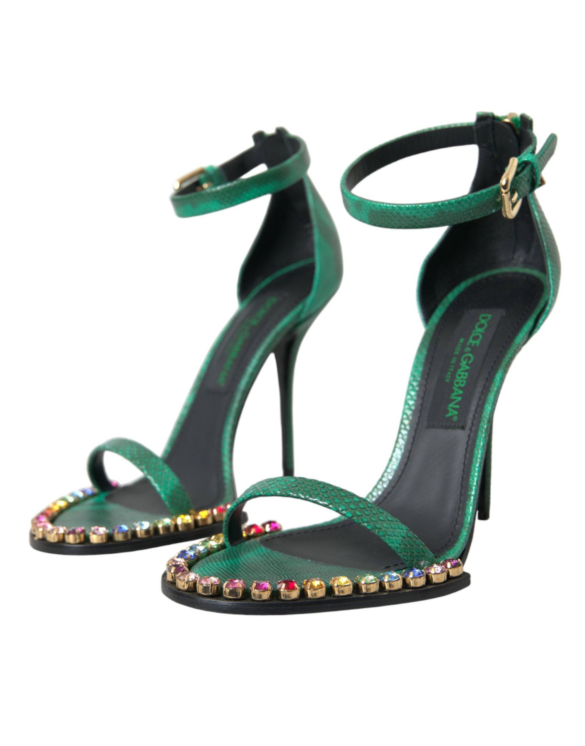 Dolce & Gabbana Green Exotic Leather Crystal Sandals Shoes - ACCEXO