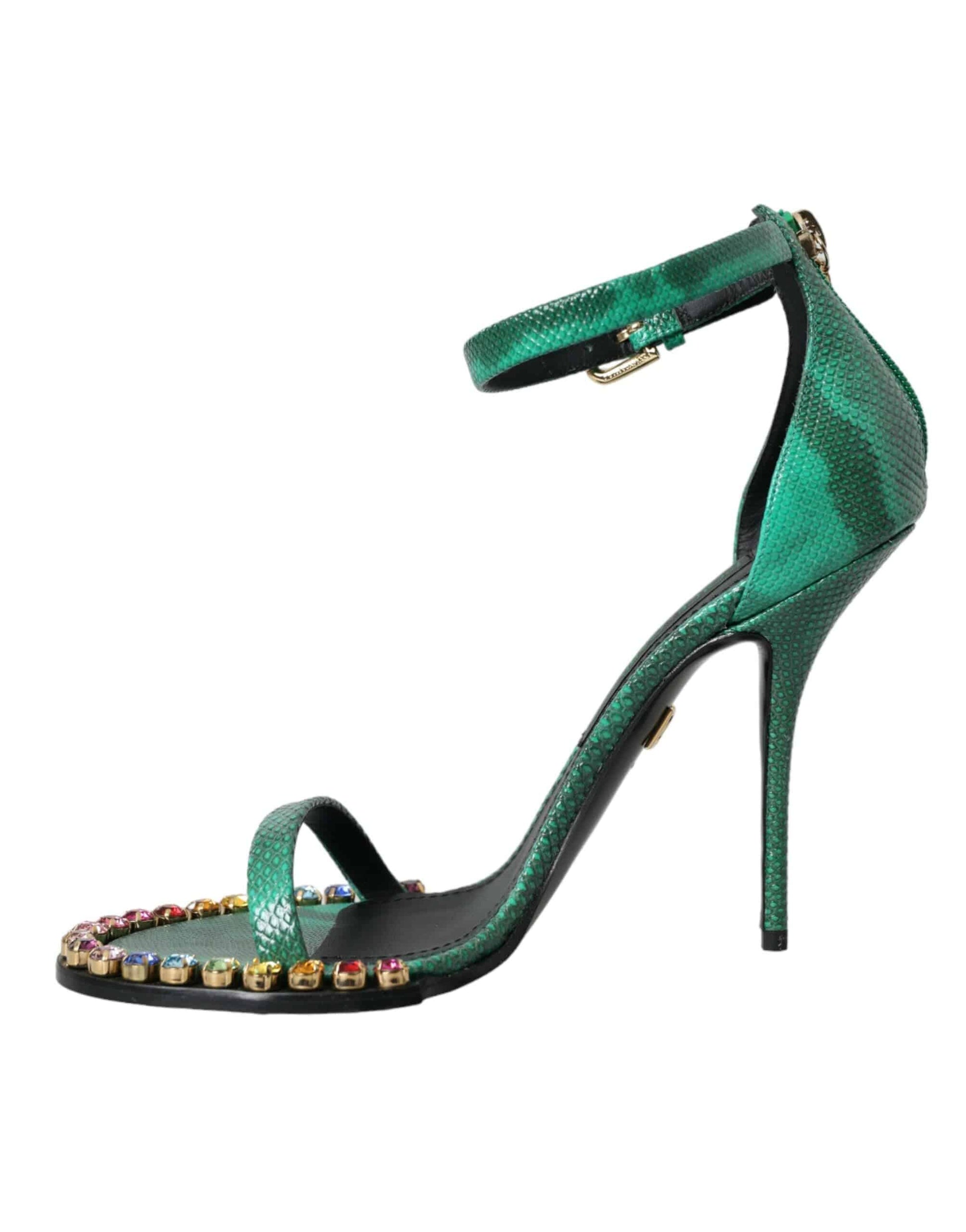 Dolce & Gabbana Green Exotic Leather Crystal Sandals Shoes - ACCEXO