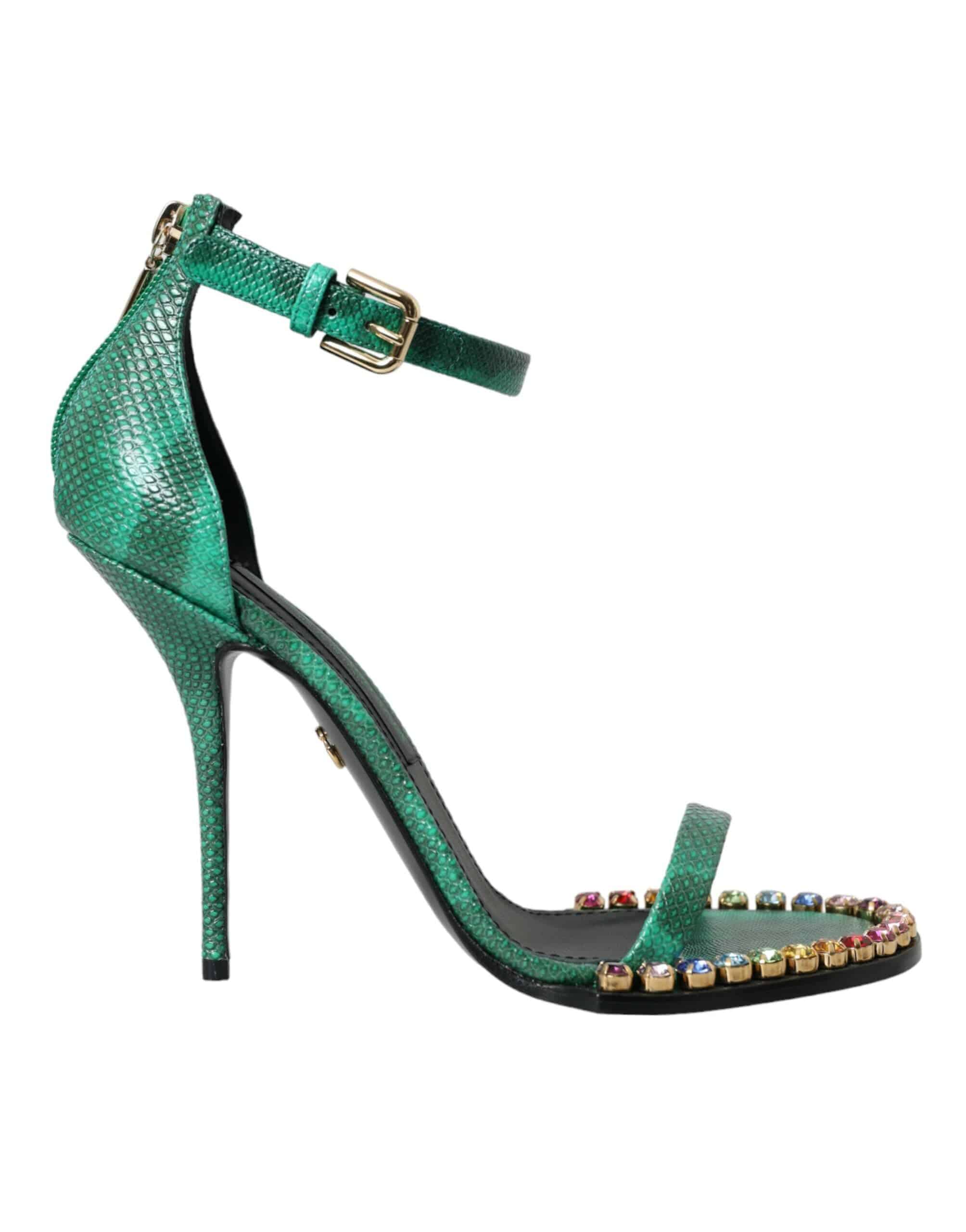 Dolce & Gabbana Green Exotic Leather Crystal Sandals Shoes - ACCEXO