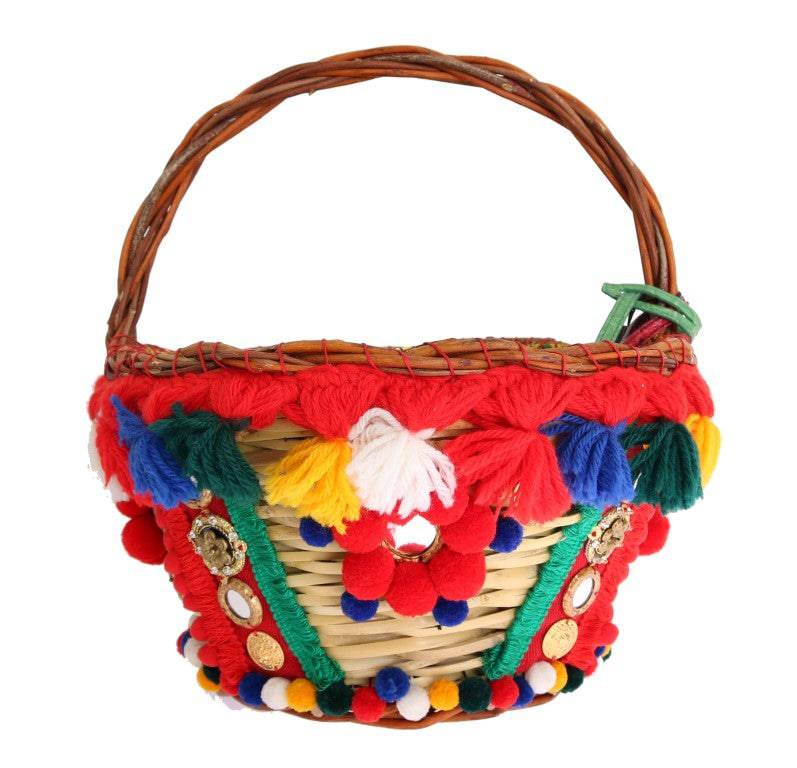 Dolce & Gabbana Elegant Beige Straw & Exotic Skins Pom Pom Tote - ACCEXO